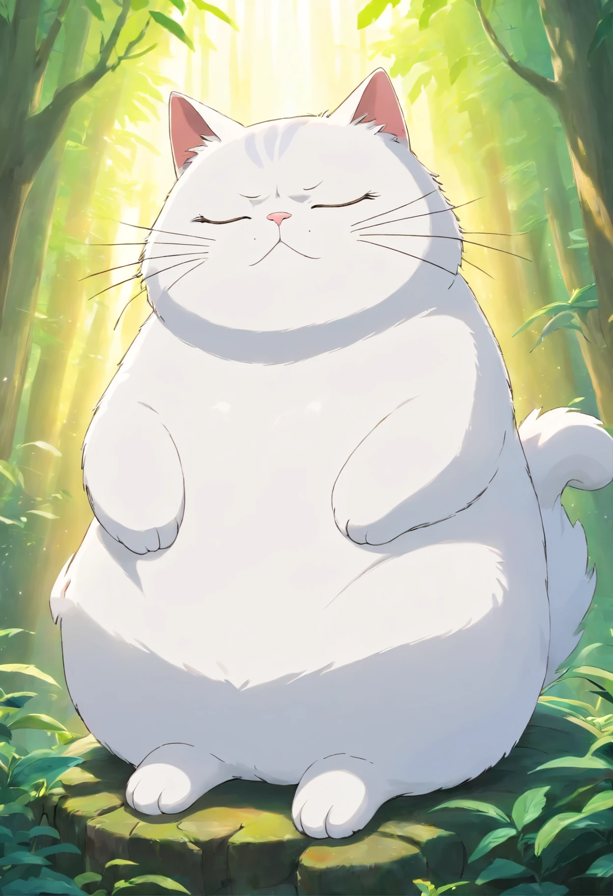 white wise fat cat meditating with closed eyes 