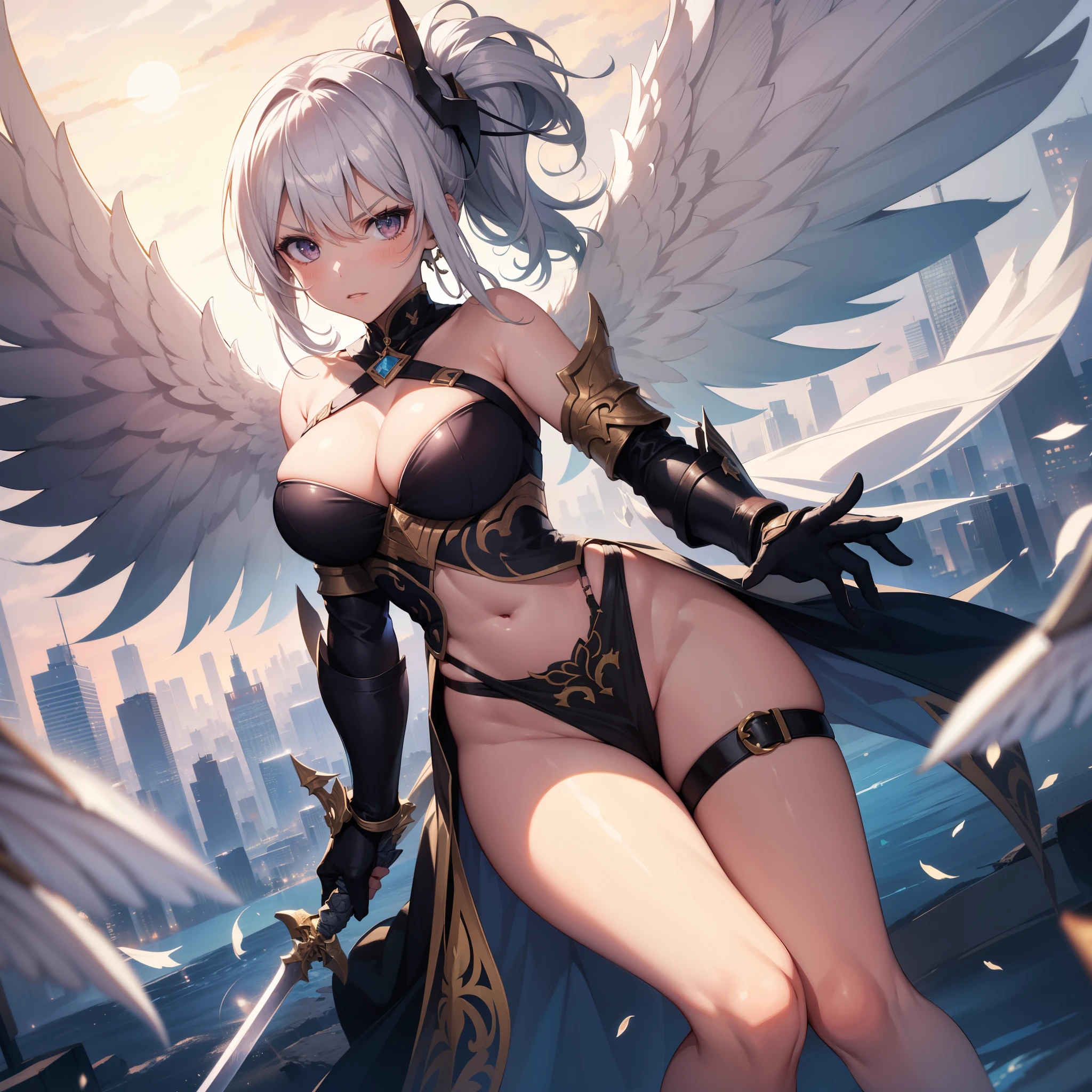 fantasy, 1angel_girl, ,teen, brown_ponytail_hair, (dark_skin:1.1), bare_shoulder, navel, thigh,silver_shiny_armor, white_clothes,waist_armor, glebe, hold_swords, big_tits, angry, dynamic_fighting_pose, floating, (1pair_white_wings:1.2), sunrise_city_background,(pelvic_curtain:1.3), headgear, large_ass,apart_legs,solo,nsfw