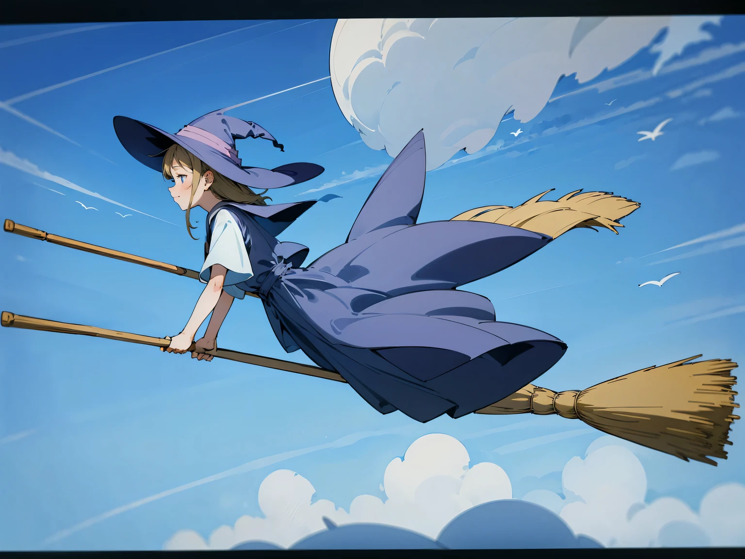 空飛ぶbroomレース, Magical girl, witch hat, broom, broom riding, sitting, straddle, straddle the broom, 雲を疾走するMagical girl., From the side, blue sky, (motion blur), (masterpiece), (highest quality), (Ultra high definition)
