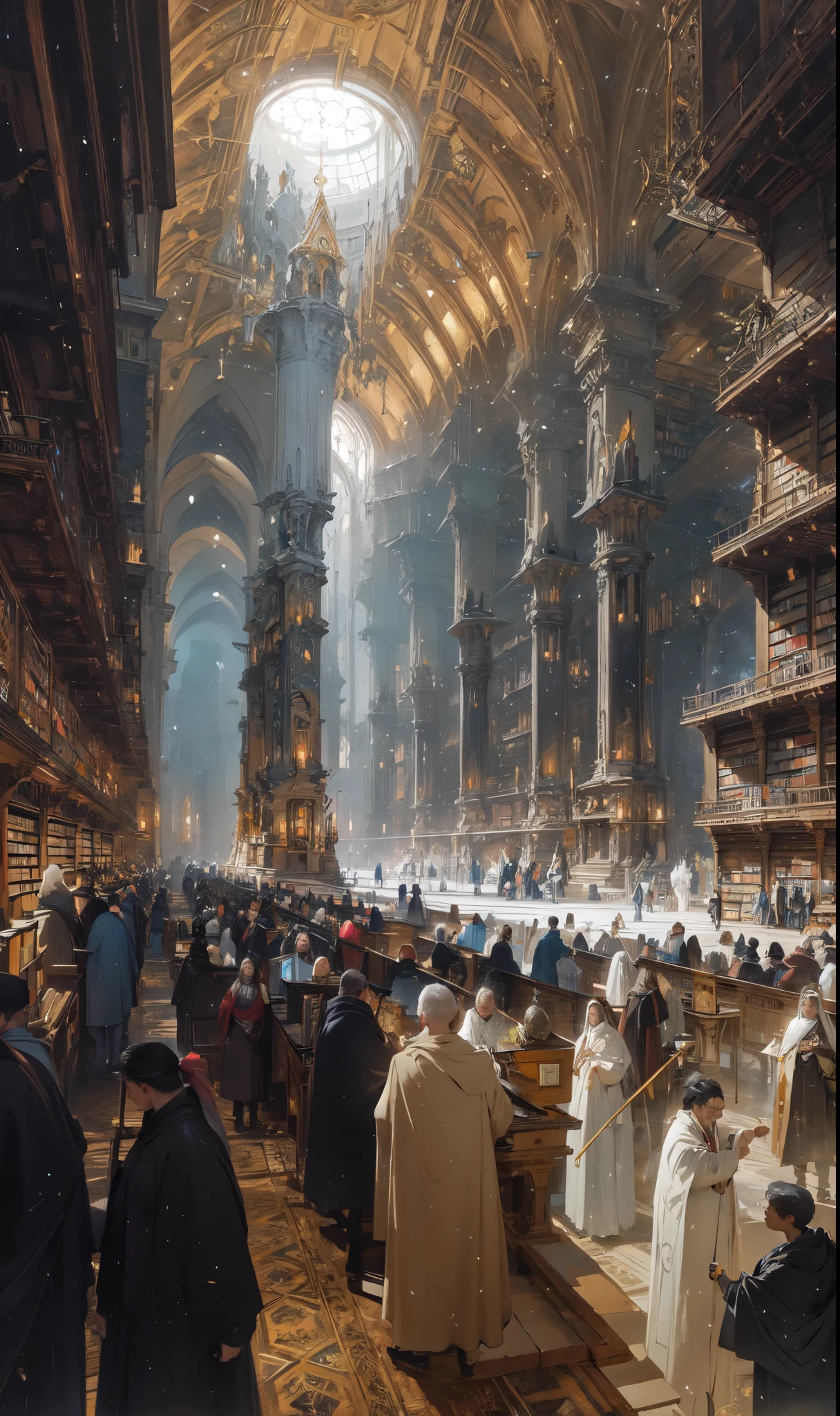 a painting of a large group of people in a large library with columns of books and runic magic permeating air with sky light projecting light down through the magic,library of babel, marc simonetti. intricate, the library of babel, in a large cathedral, ancient library, very epic atmosphere, epic fantasy painting, symmetrical epic fantasy art, interplanetary cathedral, ancient science fiction art, arcane magic, magic, runic magic, grand library of runes,
