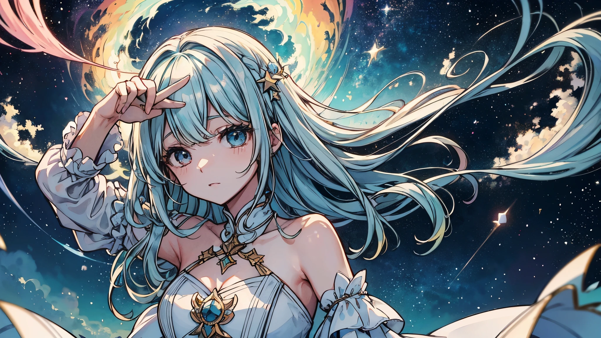 ((extremely detailed CG)),((8k_wallpaper)),(((masterpiece))),((best quality)),watercolor_(medium),((beautiful detailed starry sky)),cinmatic lighting,loli,princess,very long rainbow hair,side view,looking at viewer,full body,frills,(far from viewer),((extremely detailed face)),((an extremely delicate and beautiful girl)),((extremely detailed cute anime face)),((extremely detailed eyes)),(((extremely detailed body))),(ultra detailed),illustration,((bare stomach)),((bare shoulder)),small breast,((sideboob)),((((floating and rainbow hair)))),(((Iridescence and rainbow hair))),(((extremely detailed sailor dress))),((((Iridescence and rainbow dress)))),(Iridescence and rainbow eyes),beautiful detailed hair,beautiful detailed dress,dramatic angle,expressionless,(big top sleeves),frills,blush,(ahoge)