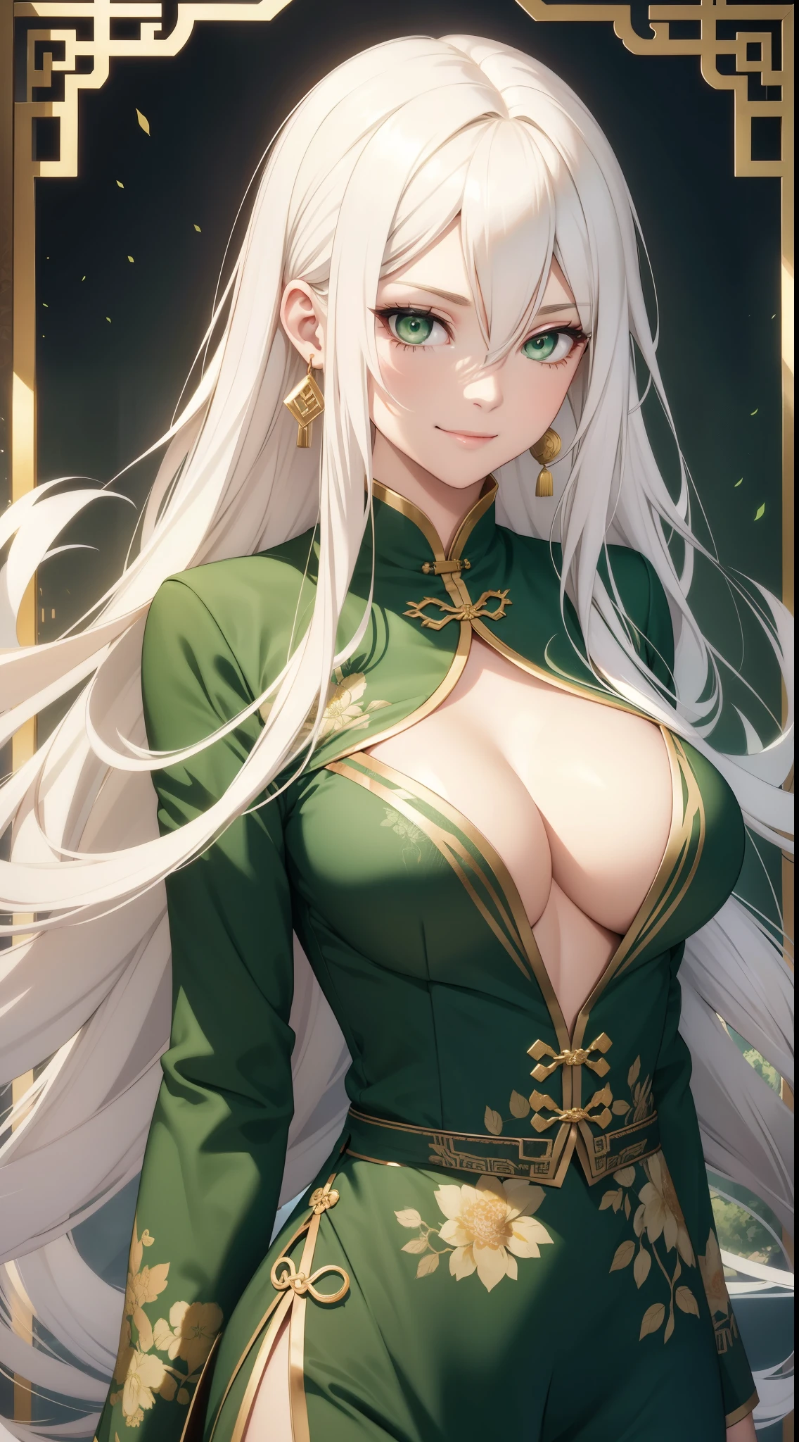 Adult woman, long white hair, green eyes, Green Chinese tight top, Chinese beautiful patterns, neckline on the chest, open chest, baggy trousers, Gold Elements, smile, masterpiece, High quality