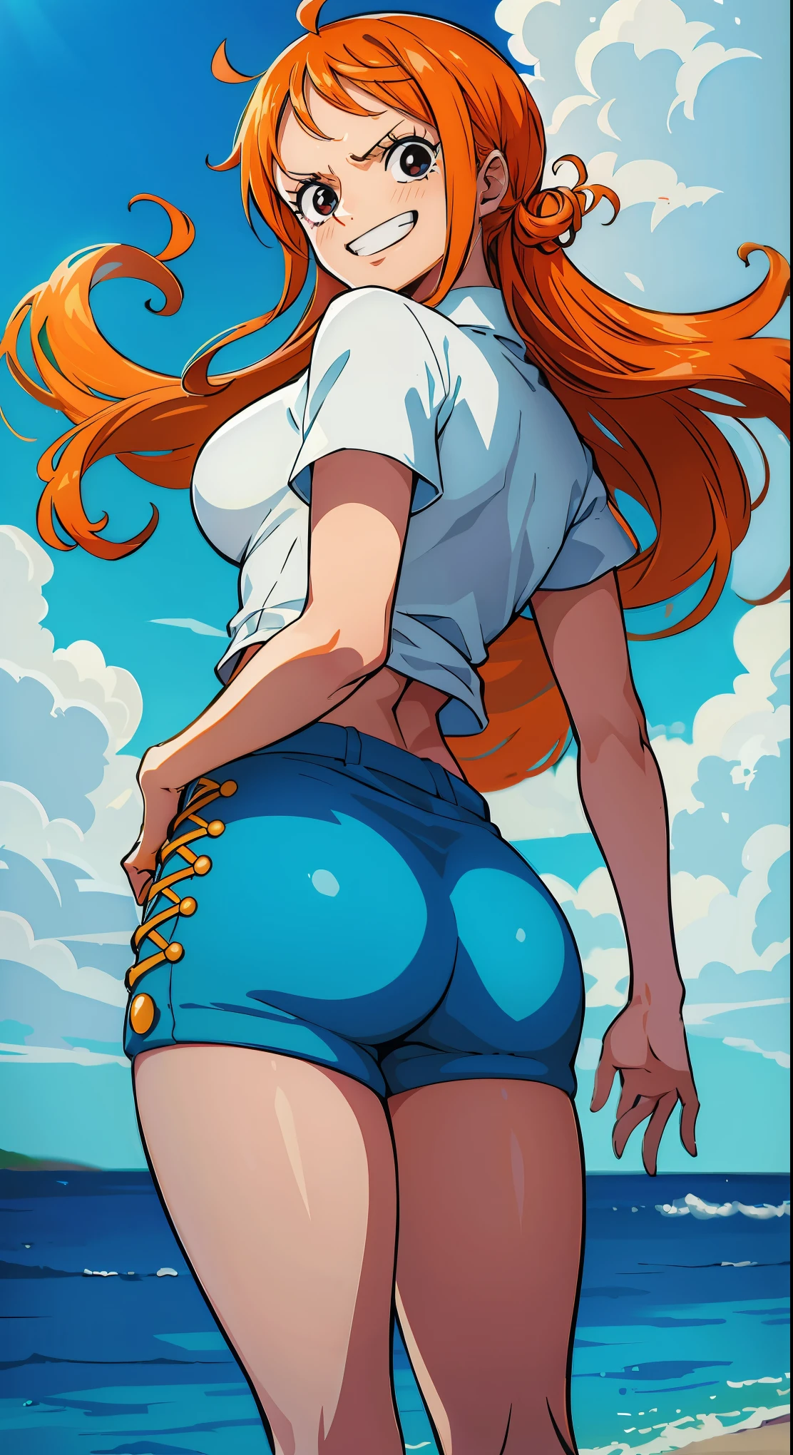 Gere uma imagem realista no estilo anime de Nami de One Piece. Capture your distinctive look with orange hair, uma camisa listrada azul e branca, and a joyful expression. Certifique-se de que a imagem reflete sua personalidade aventureira e confiante como retratada no anime., plano amplo , corpo todo, mostrando a ass, Athletic curvilinear, peito grande, coxas grossas.