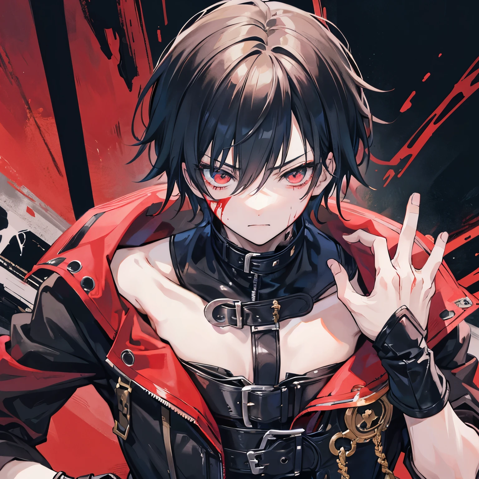 1man, confident, wearing black trench coat with chains, red long sleeve shirt, black vest, long black pants, black hair, short hair, face to detail, detailed eyes, black eyes, holding playing card, in a fighting pose, absurdres, high res, ultra sharp, 8k, masterpiece