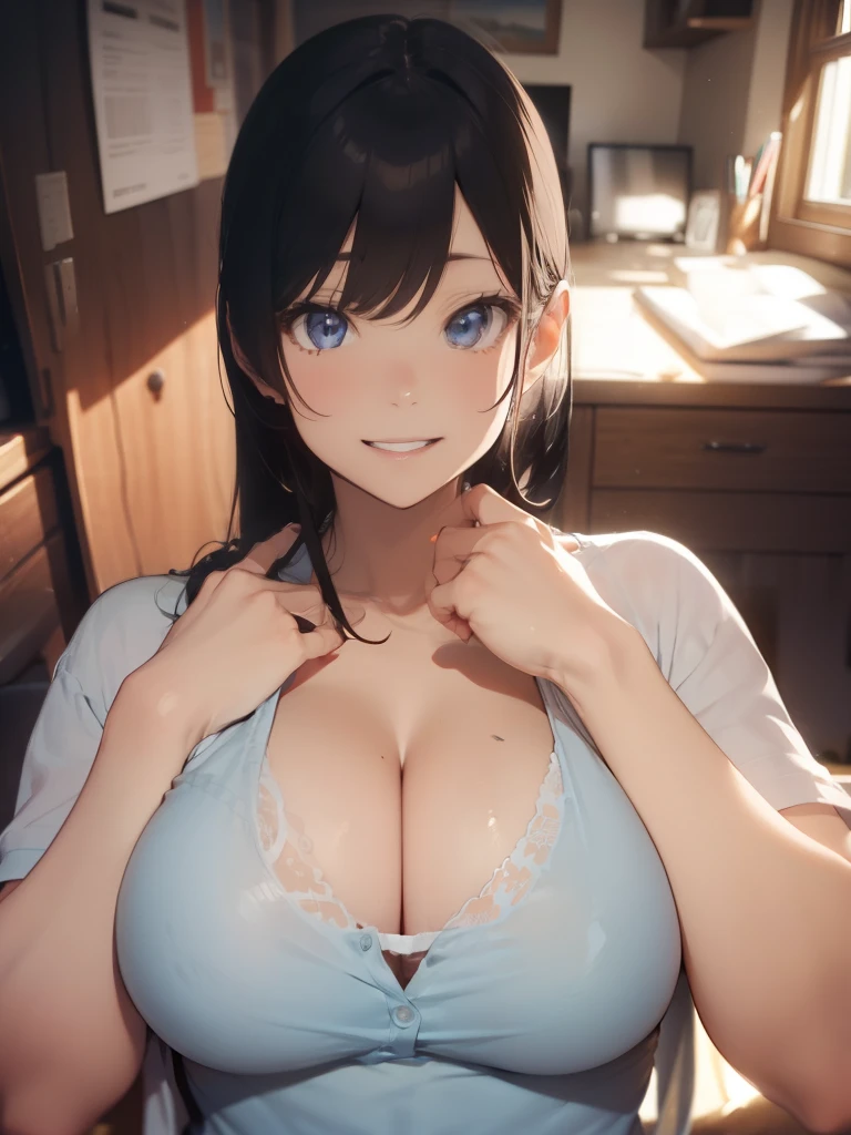 super high quality, ultla highres, hyper-detailed, high contrast, Ultrafine Strike, creative refinement,black hair,smile,Show cleavage,Blue camisole,living room,5 fingers,