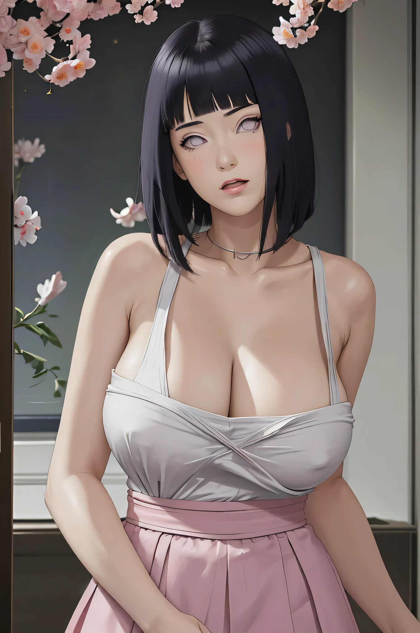 masterpiece, absurdres, hinata\(boruto\), 1girl, solo, huge tits, huge breast, mature female, spaghetti strap top, high waist pencil short skirt, looking at viewer, (falling petals), perfect composition, detailed lips, big breast, beautiful face, body propotion, blush, (pink lips), long hair, purple eyes, soft gaze, super realistic, detailed, photoshoot, realistic face and body,