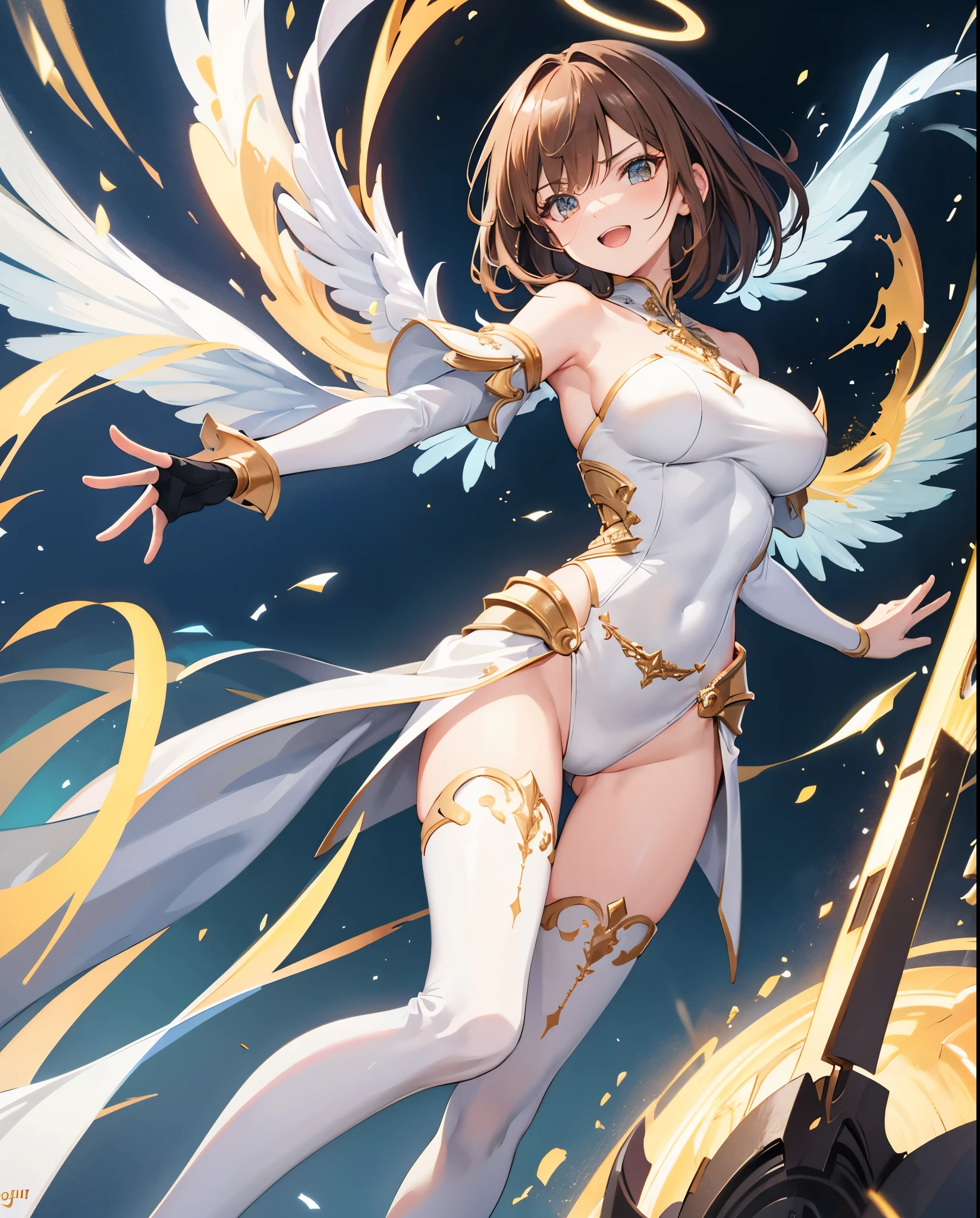 fantasy, 1angel_girl,, ,brown_hair, medium_bob_hair, long_bangs, halo,bare_shoulder,thighhighs,silver_armor, waist_armor, large_breasts,angry,grinning,open_mouth_teeth, 1pair_wings, dynamic_pose_fighting,floating, bare_crotch, headgear,gauntlet, greaves,city_sky_background,slightly_spread_legs, solo, groin_naked,