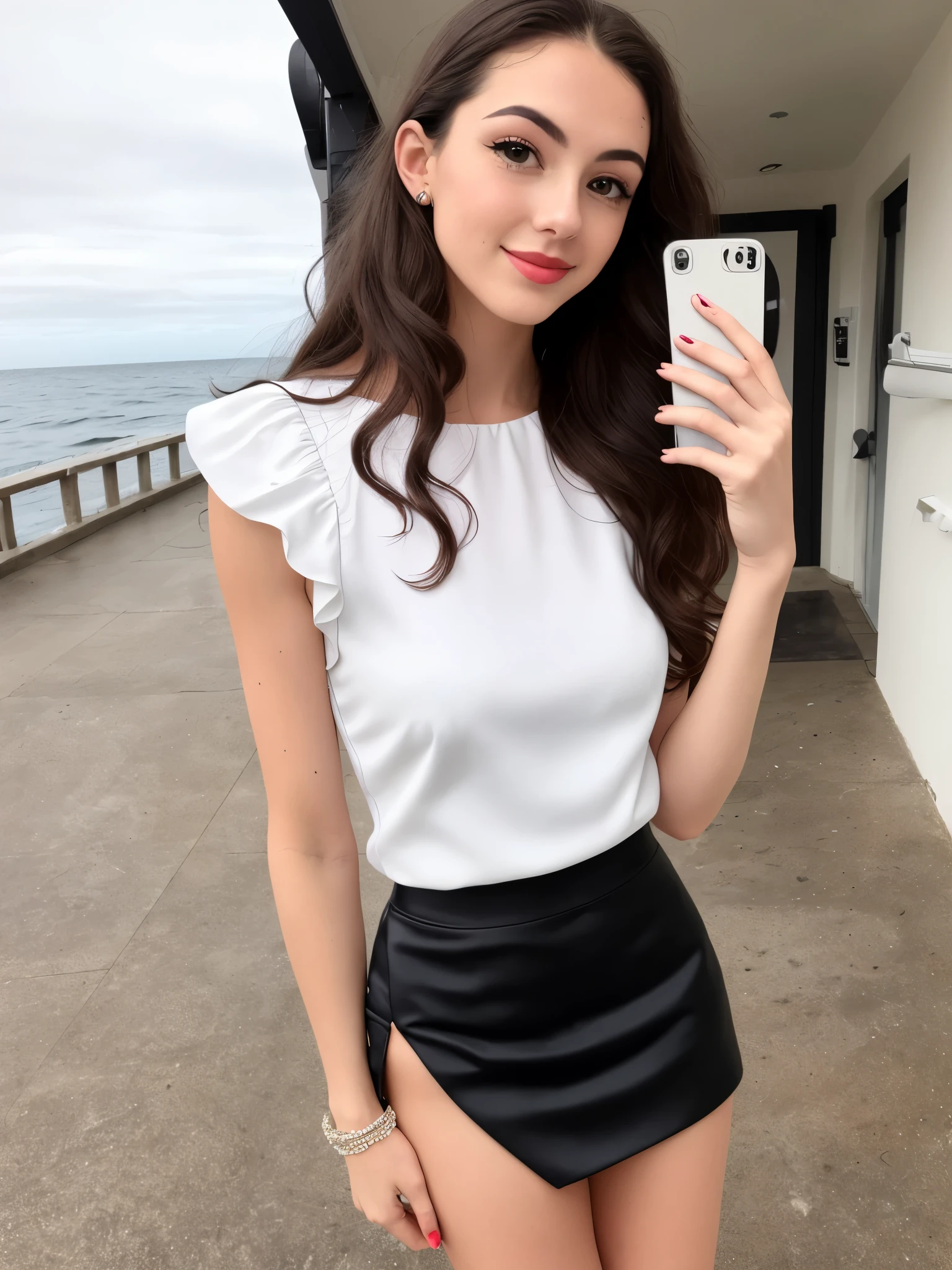 european woman taking a selfie wearing a white top and black skirt, a picture by Sam Black, tumblr, renaissance, white and black, intriguing outfit, very sexy outfit, smooth white tight clothes suit, perfect shape, wearing an elegant outfit, sexy outfit, classic vibes, business outfit, white top, white silky outfit, white puffy outfit, white and black clothing, Ultra High Quality, ultra detailed, hyper realistic  ( Absurd , High quality , ultra detailed, careful with hand )Zodiac - Gemini goddess , similar to latin goodness , Solo .  Curious, skillful, humorous, seductive, imaginative face , Sometimes impractical, restless, nervous, careless style , mature , light brown eyes , long hair , light blonde hair , transparent dress , lace lingerie , in the ocean with wind , whole body , flirty look 