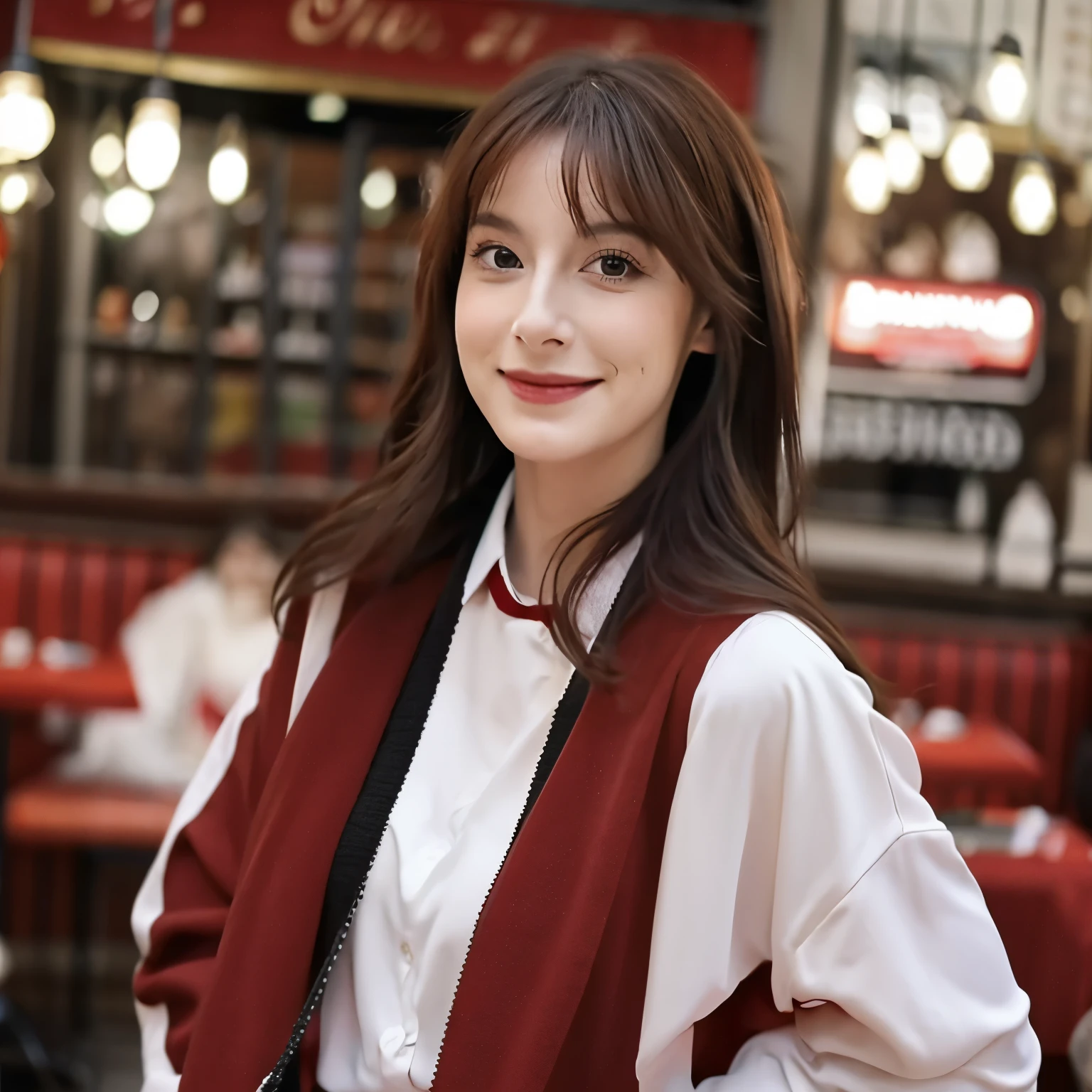 Serveuse souriante mais sérieuse, brune avec une frange et une queue de cheval, habillée en costume rouge bordeaux et une chemise blanche avec un noeud papillon noir sur sa chemise pantalon rouge bordeaux aussi, elle se trouve dans un restaurant cabaret avec un thème rouge et noir avec une apparence irl yeux vert