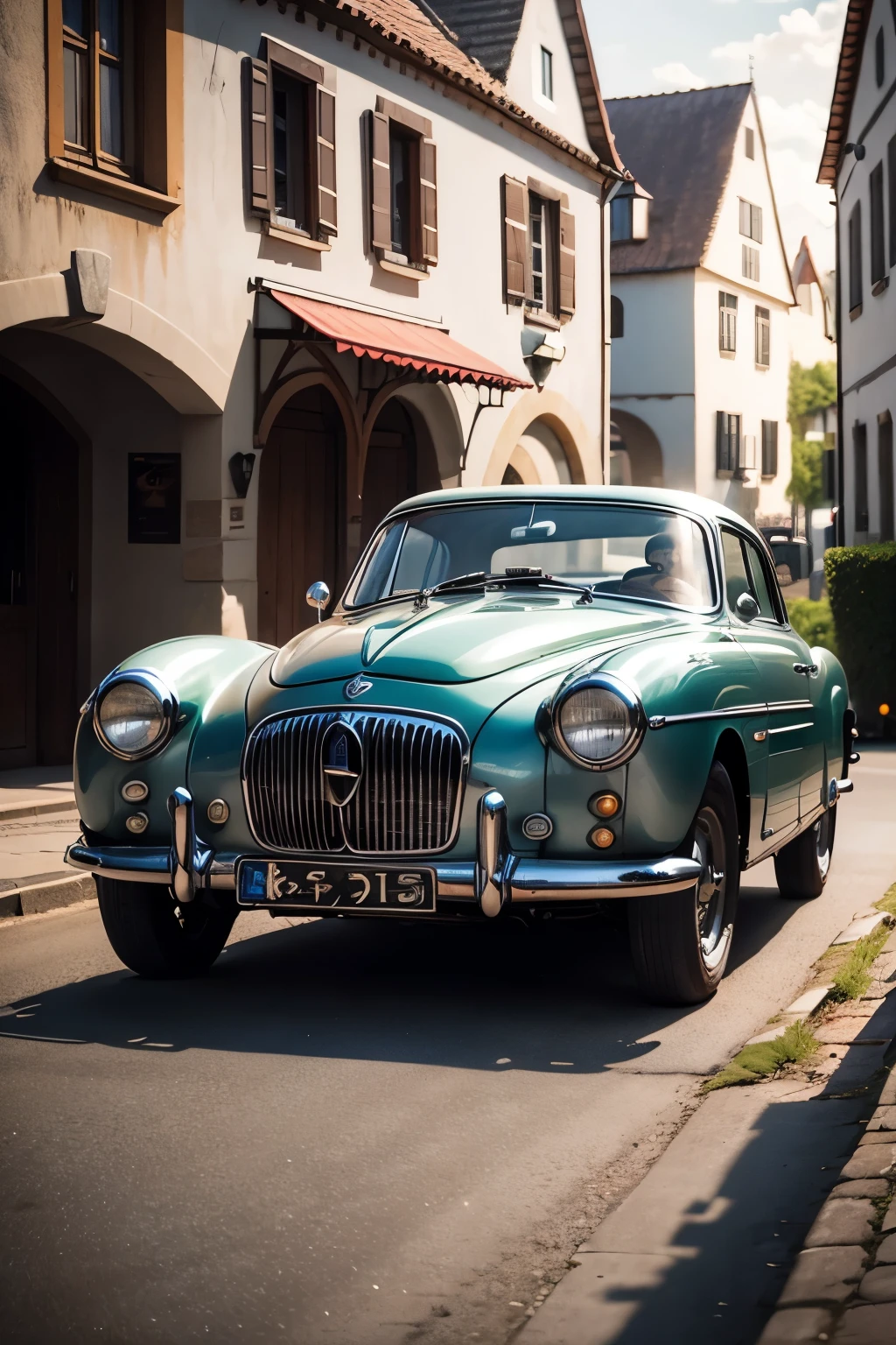 Amidst the picturesque little village, a pristine German classic sportscar, glistening in silver, remained parked. The sun cast long shadows, painting the scene with intricate patterns as twilight approached. The absence of a driver and the lack of a signature added an enigmatic allure to the waiting vehicle, as if it held untold stories from its time-honored participation in the Mille Miglia races.