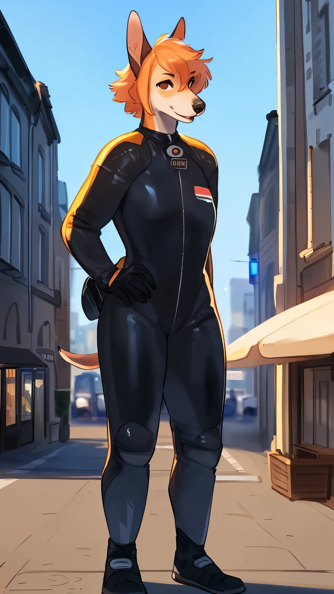 By bebebebebe, by lostgoose, by goonie-san, solo, female, canine, grey fur, (((hair, greyhound))), standing, (tail, snout, detailed eyes), standing, (french city), adult, mature, ((skintight prada spacesuit))