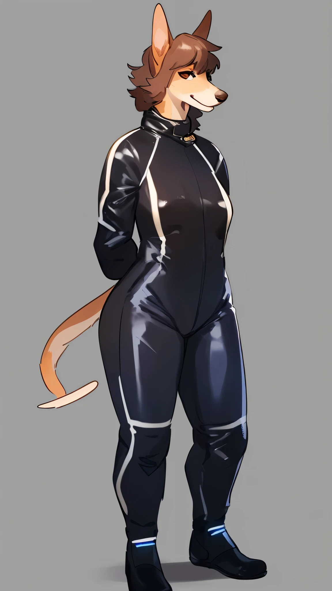 By bebebebebe, by lostgoose, by goonie-san, solo, female, canine, grey fur, (((hair, greyhound))), standing, (tail, snout, detailed eyes), standing, (french city), adult, mature, ((skintight prada spacesuit)), hands behind back