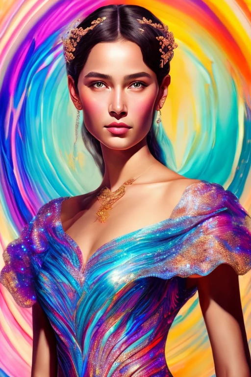 A breathtakingly detailed shot of an iridescent oil painting brings to life a divine girl, her ethereal aura radiant with divinity. With a face following the golden ratio and divine proportions, her countenance captivates with masterful brushwork. Her short dress flutters gently, its vibrant textures complementing the emotive depth conveyed in her expressive gaze. Dynamic composition pervades the artwork, with rich hues filling the canvas in a dramatic contrast. Crystal particles glitter at the edges, their refracted light playing against the backdrop of a vibrant background. Full motion effects add a captivating element, as if the scene comes alive in a diagonal