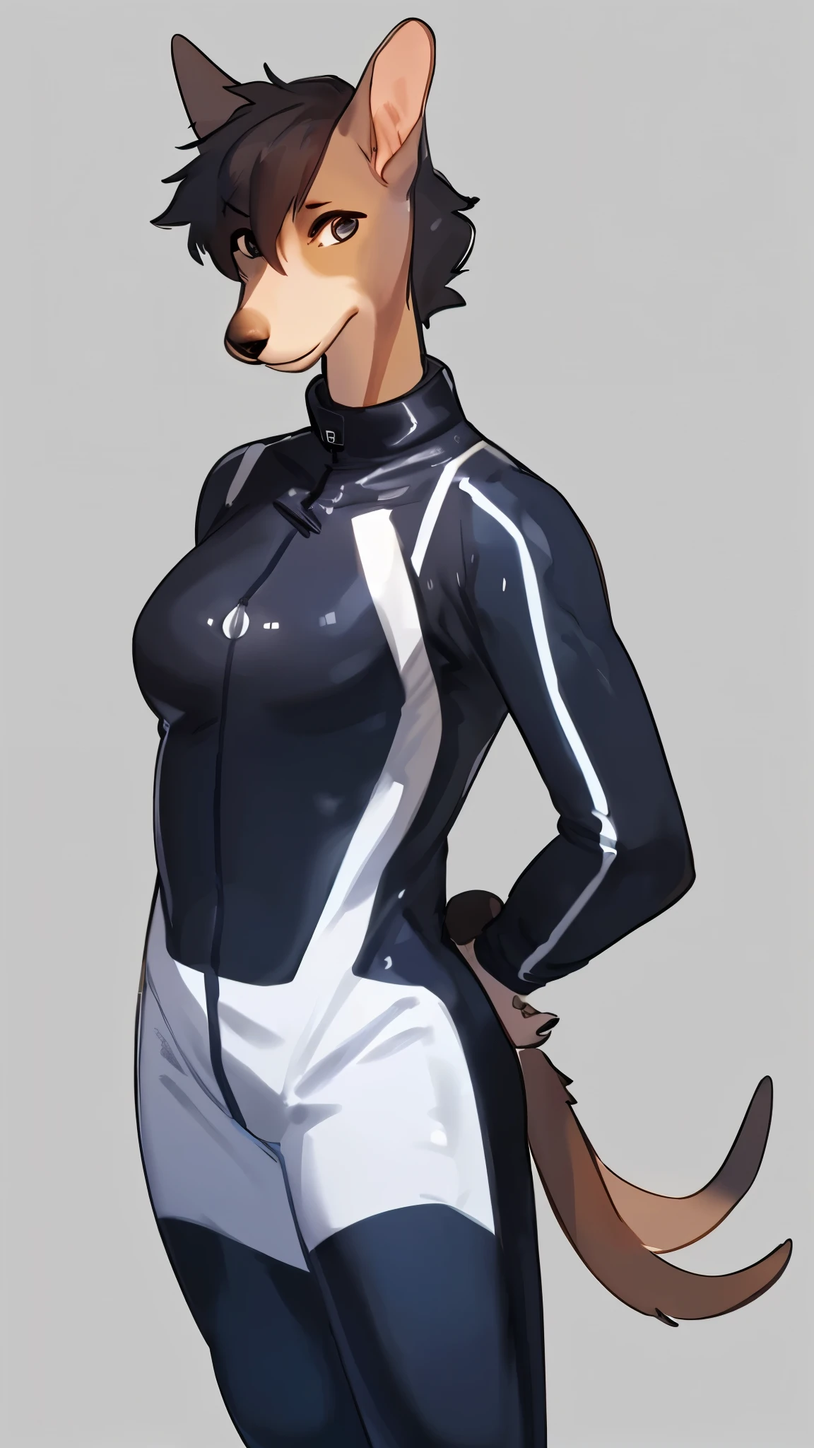 By bebebebebe, by lostgoose, by goonie-san, solo, female, canine, grey fur, (((hair, greyhound))), standing, (tail, snout, detailed eyes), standing, (italian city), adult, mature, ((skintight prada spacesuit)), hands behind back