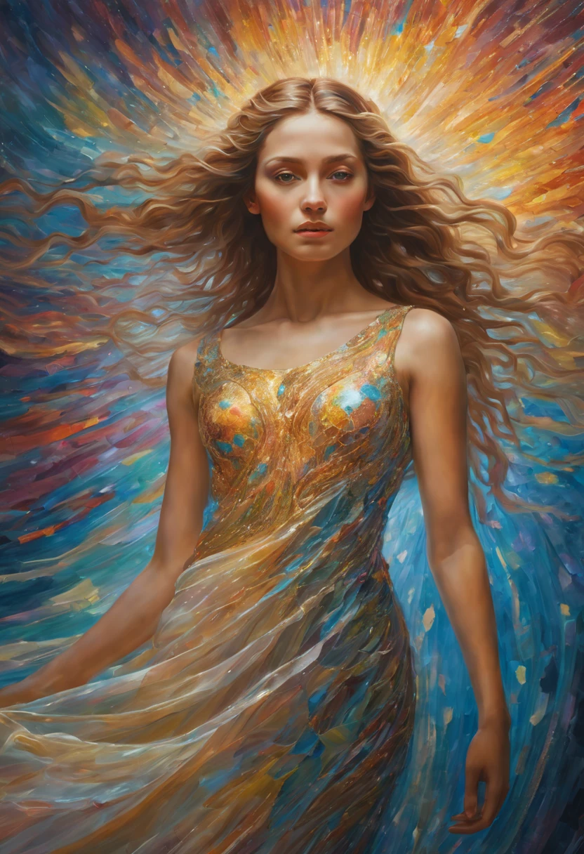 A breathtakingly detailed shot of an iridescent oil painting brings to life a divine girl, her ethereal aura radiant with divinity. With a face following the golden ratio and divine proportions, her countenance captivates with masterful brushwork. Her short dress flutters gently, its vibrant textures complementing the emotive depth conveyed in her expressive gaze. Dynamic composition pervades the artwork, with rich hues filling the canvas in a dramatic contrast. Crystal particles glitter at the edges, their refracted light playing against the backdrop of a vibrant background. Full motion effects add a captivating element, as if the scene comes alive in a diagonal