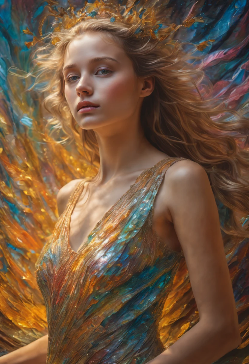 A breathtakingly detailed shot of an iridescent oil painting brings to life a divine girl, her ethereal aura radiant with divinity. With a face following the golden ratio and divine proportions, her countenance captivates with masterful brushwork. Her short dress flutters gently, its vibrant textures complementing the emotive depth conveyed in her expressive gaze. Dynamic composition pervades the artwork, with rich hues filling the canvas in a dramatic contrast. Crystal particles glitter at the edges, their refracted light playing against the backdrop of a vibrant background. Full motion effects add a captivating element, as if the scene comes alive in a diagonal