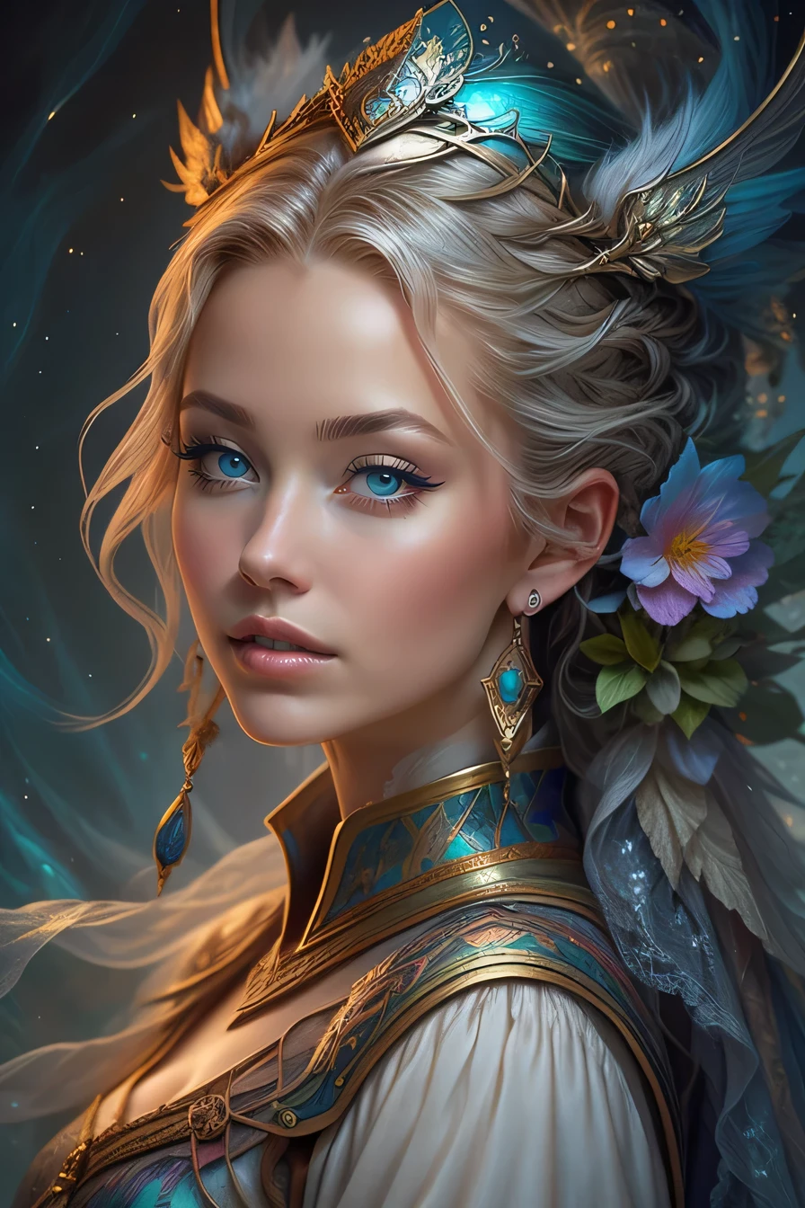 In the style of colorful mythic fantasy. Generate a celestial queen with long, curly hair. The queen has a beautifully detailed face with small, realistic details and naturally shaded eyes. Her lips are full and her mouth is wide, and her eyes are big, ultra-detailed, highly defined, and hires. Her face should be mature and look (middle-aged). Her clothing is silk, lace, and soft gossamer fur and feathers. Her clothing should be intricately detailed and delicately embroidered. Include a highly detailed celestial background. Include details with phantasmal iridescence, iridescence, bumps, and fantasy vibes. Light: Utilize innovative lighting techniques that enhance her eyes and enhance small details in the artwork. Camera: Utilize dynamic composition techniques to create an action-packed image that takes viewers on an adventure.