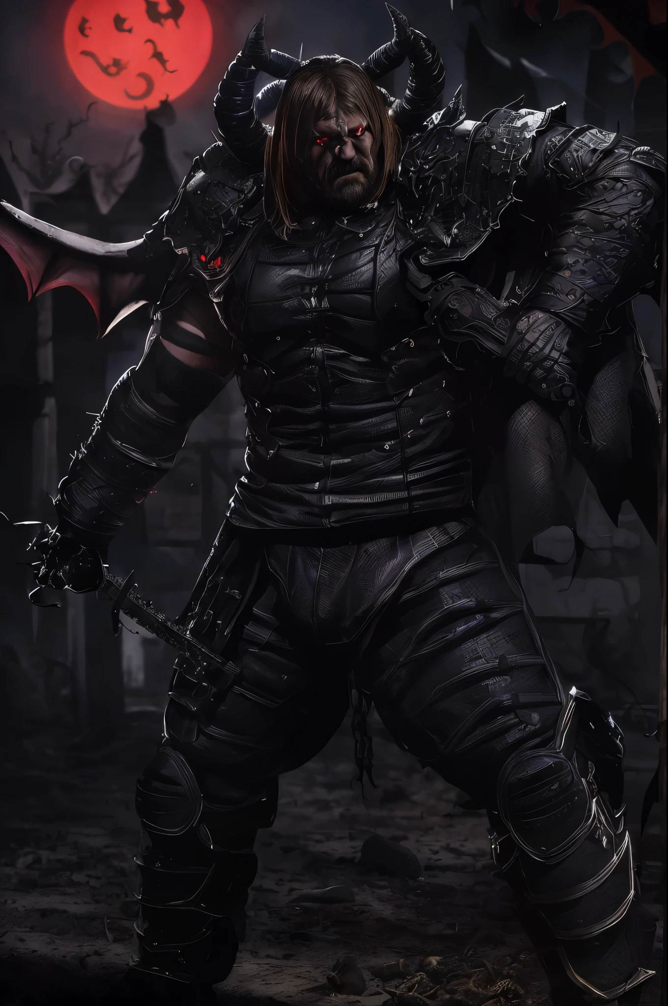 A scary demon (black scorpion themed demon|WWE wrestler Triple H) is in a medieval Romanian village at night, he is flexing and looking scary, show all of him head to toe