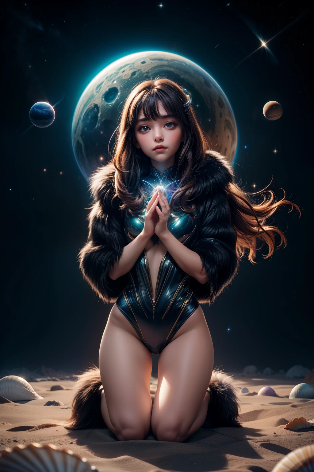 "Young Girl from the stars, (shimmering fur), shell of wonder, planetary dreamscape, (cosmic enchantment), surreal artistry, vibrant and alien palette",kneeling, f/1.8, bokeh
