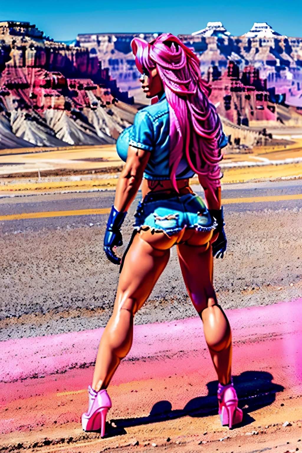 (((1 girl, cute, (gigantic breasts:1.2), denim jacket, white top, jeans shorts, blue Gloves, pink hair, long hair, long spiky hair, blue eyes))), (((pink hair))),
dynamic poses, manga style, depicting a group of characters in various action scenes, from intense battles to lighthearted moments, with dramatic speed lines and bold sound effects, capturing the excitement and energy of the story, Laser rays from behind, yellowstone park, Grand Canyon,