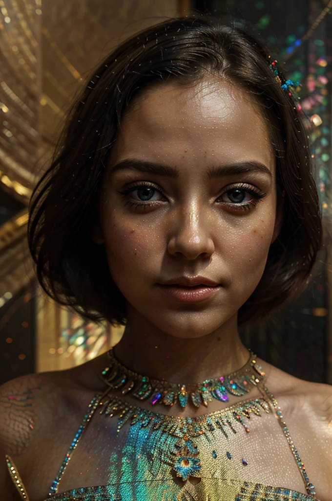 A breathtakingly detailed shot of an iridescent oil painting brings to life a divine girl, her ethereal aura radiant with divinity. With a face following the golden ratio and divine proportions, her countenance captivates with masterful brushwork. Her short dress flutters gently, its vibrant textures complementing the emotive depth conveyed in her expressive gaze. Dynamic composition pervades the artwork, with rich hues filling the canvas in a dramatic contrast. Crystal particles glitter at the edges, their refracted light playing against the backdrop of a vibrant background. Full motion effects add a captivating element, as if the scene comes alive in a diagonal