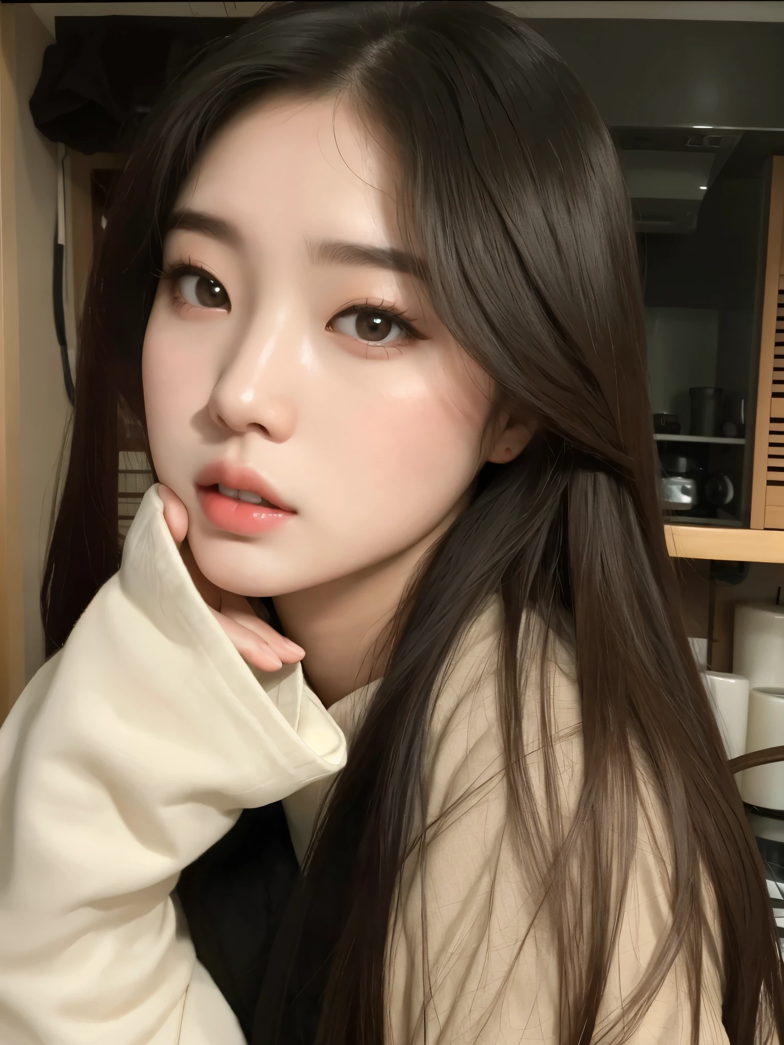 Hay una mujer que posa para una foto en una cocina, ulzzang, joven y adorable rostro coreano, maquillaje popular de corea del sur, maquillaje coreano popular, muchacha coreana, pale korean adorable face, hermosa joven coreana, hermosa joven coreana, jaeyeon nam, hermosa mujer surcoreana, Young cute pale asian face, Jinyoung Shin, rasgos de la cara coreana