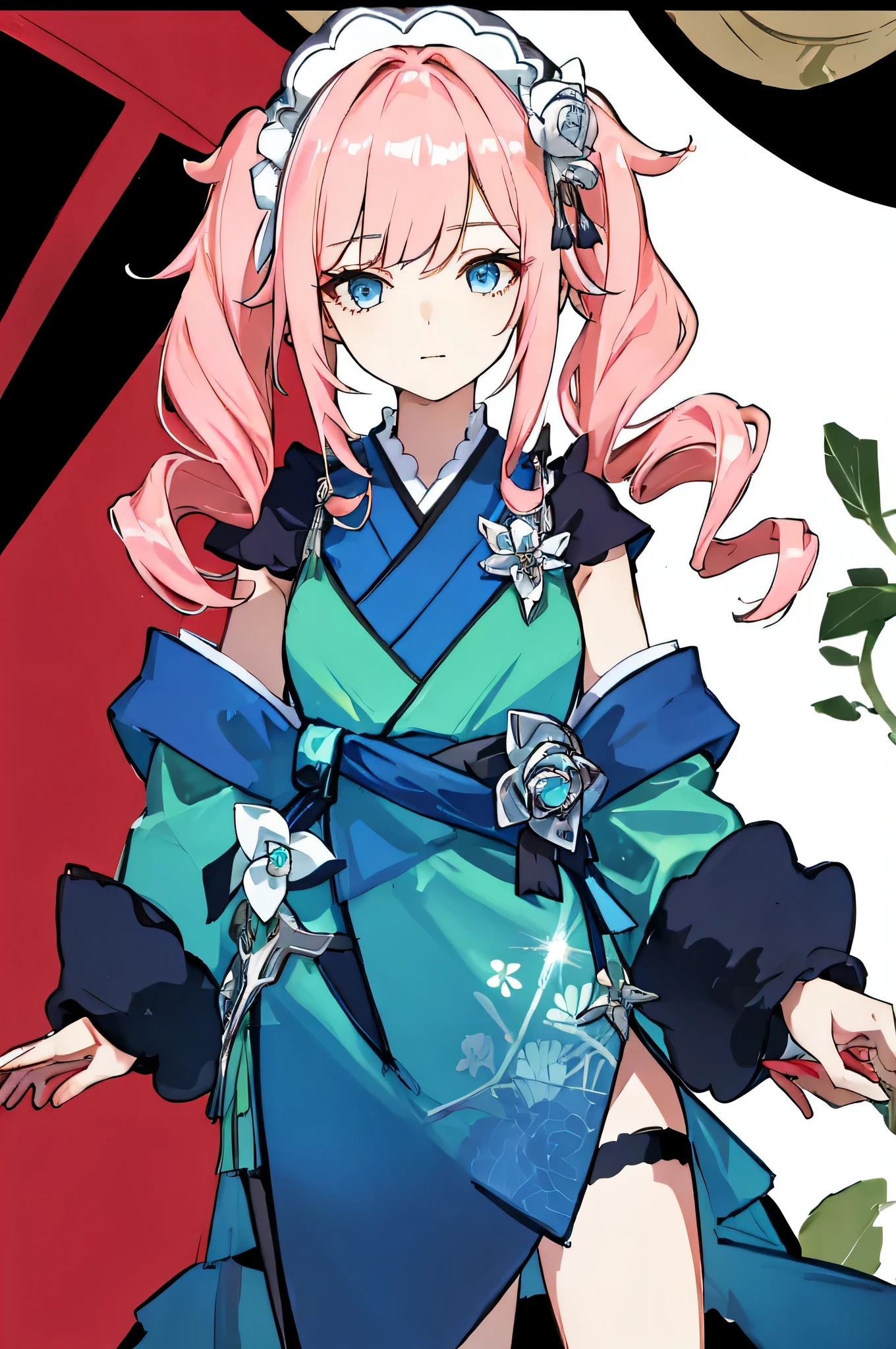 1 girl,Roses,((Background of the post town)),pink long hair,high twin tail,((maid costume,))blue eyes,Blunt bang,Japanese post town,detailed background,