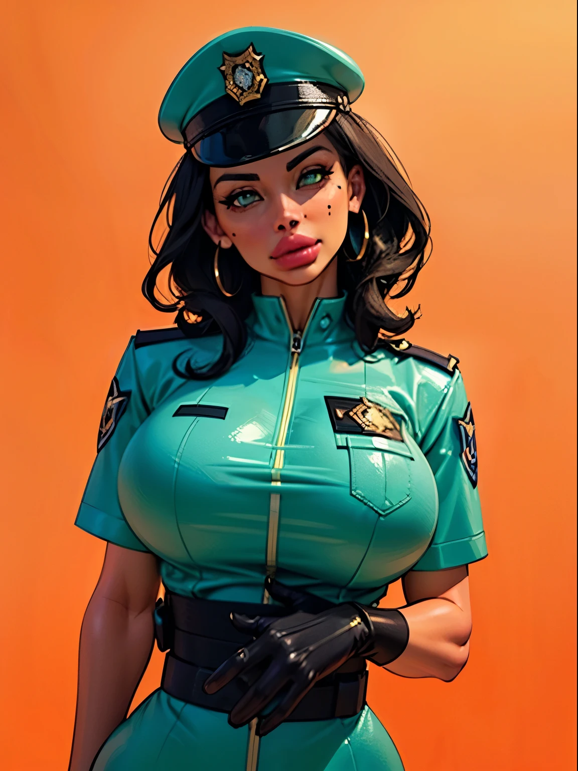 simple background (in women's police uniform and police cap: 1.4), good hand, 4k, high resolution, masterpiece, best quality, head: 1.3, ((Hasselblad photo)), finely detailed skin, clear focus, (cinematic lighting), soft lighting, dynamic angle, [:(detailed face: 1.2):0.2], belly gaze, huge breasts, breasts, (((inside the mansion))), 1girl, jewelry, earrings, orange_sky, solo, mole, long_curly_hair,   mole_under_eye, upper_body, green_eyes, looking_at_viewer, black hair, fashion (head tilt: 1.4), plain background, red background,