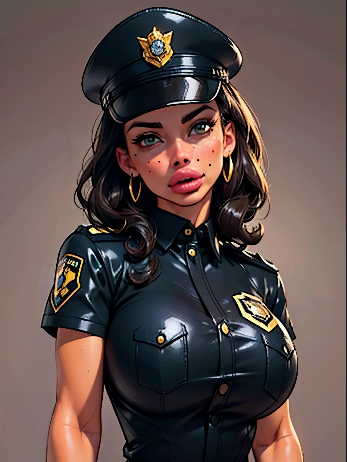 simple background (in women's police uniform and police cap: 1.4), good hand, 4k, high resolution, masterpiece, best quality, head: 1.3, ((Hasselblad photo)), finely detailed skin, clear focus, (cinematic lighting), soft lighting, dynamic angle, [:(detailed face: 1.2):0.2], belly gaze, huge breasts, breasts, (((inside the mansion))), 1girl, jewelry, earrings, orange_sky, solo, mole, long_curly_hair,   mole_under_eye, upper_body, green_eyes, looking_at_viewer, black hair, fashion (head tilt: 1.4), plain background, red background,