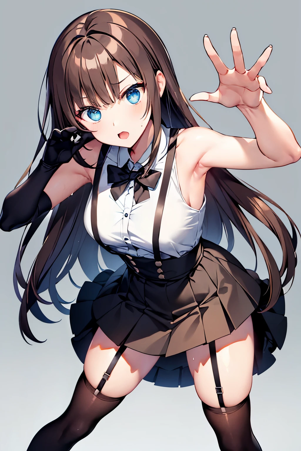 brown hair、looking at the viewer　　suspenders　　　Bulging big breasts　　 　 　　　　Black miniskirt　garter belt　knee high socks　　　　　　Gaze　　　small face　bangs 　　　　　Beauty　　hands up　　 　Gaze 　black boots 　provocation　　armpit sweat　one person 　　put your hands behind your back　cutter shirt　　Panty shot　ginka