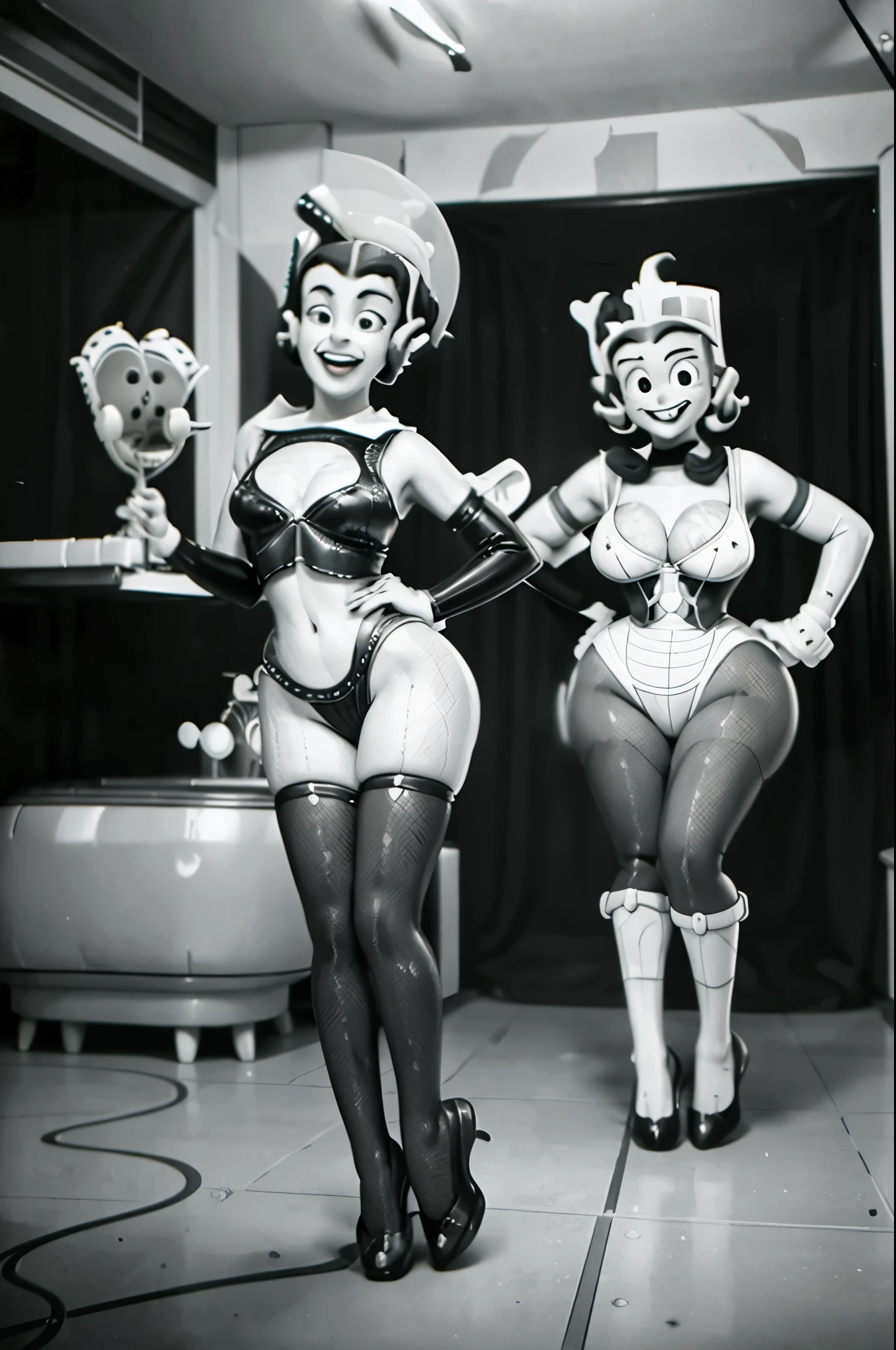 Impressive wartime pin-up girl images, (large tit:1.1), thin, Dressed in retro costumes, Pose gracefully in a nostalgic 1940s home add a vintage feel to the scene, Capturing the essence of iconic pin-up art and vintage aesthetics of the time. (Cuphead 1920s Monochrome Rubberhose Cartoon Style:1.6), (full body:1.5), photo realistic, 8k