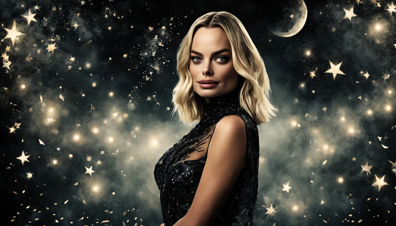 "((Uma bruxa ((Margot Robbie), (27 anos), de corpo inteiro), captivating and mysterious with a charming presence)), que exala uma aura de encantamento. Do it with intricate details, a mixture of elegance and darkness. Destaque seus olhos intensos, embellished with a touch of mystical orange. Make your dress flowy, embellished with black details that add an extra touch of elegance. Surround her with shards of ethereal magic and a moonlit night sky backdrop. Creates a sense of intrigue and fascination, with shadows and reflections dancing in the moonlight."