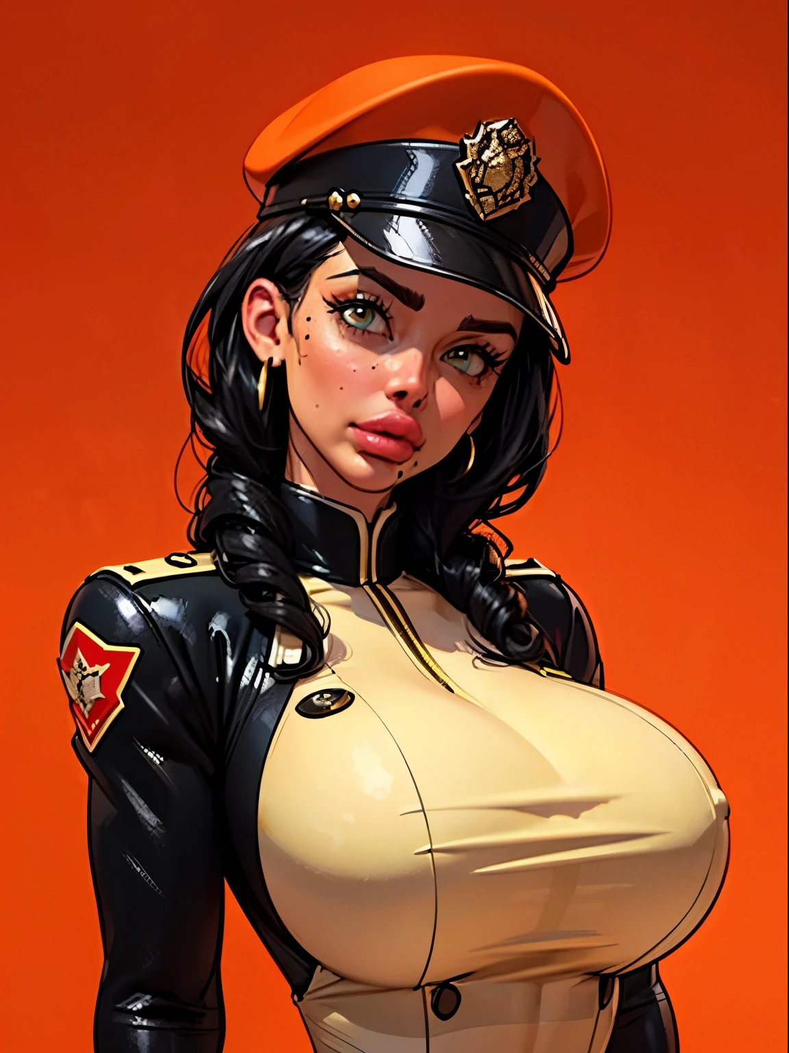 simple background (in women's red police uniform and police cap: 1.4), good hand, 4k, high resolution, masterpiece, best quality, head: 1.3, ((Hasselblad photo)), finely detailed skin, clear focus, (cinematic lighting), (black cap), ((red police uniform)), soft lighting, dynamic angle, [:(detailed face: 1.2):0.2], belly gaze, huge breasts, breasts, (((inside the mansion))), 1girl, jewelry, earrings, orange_sky, solo, mole, long_curly_hair,   mole_under_eye, upper_body, green_eyes, looking_at_viewer, black hair, fashion (head tilt: 1.4), plain background, red background,