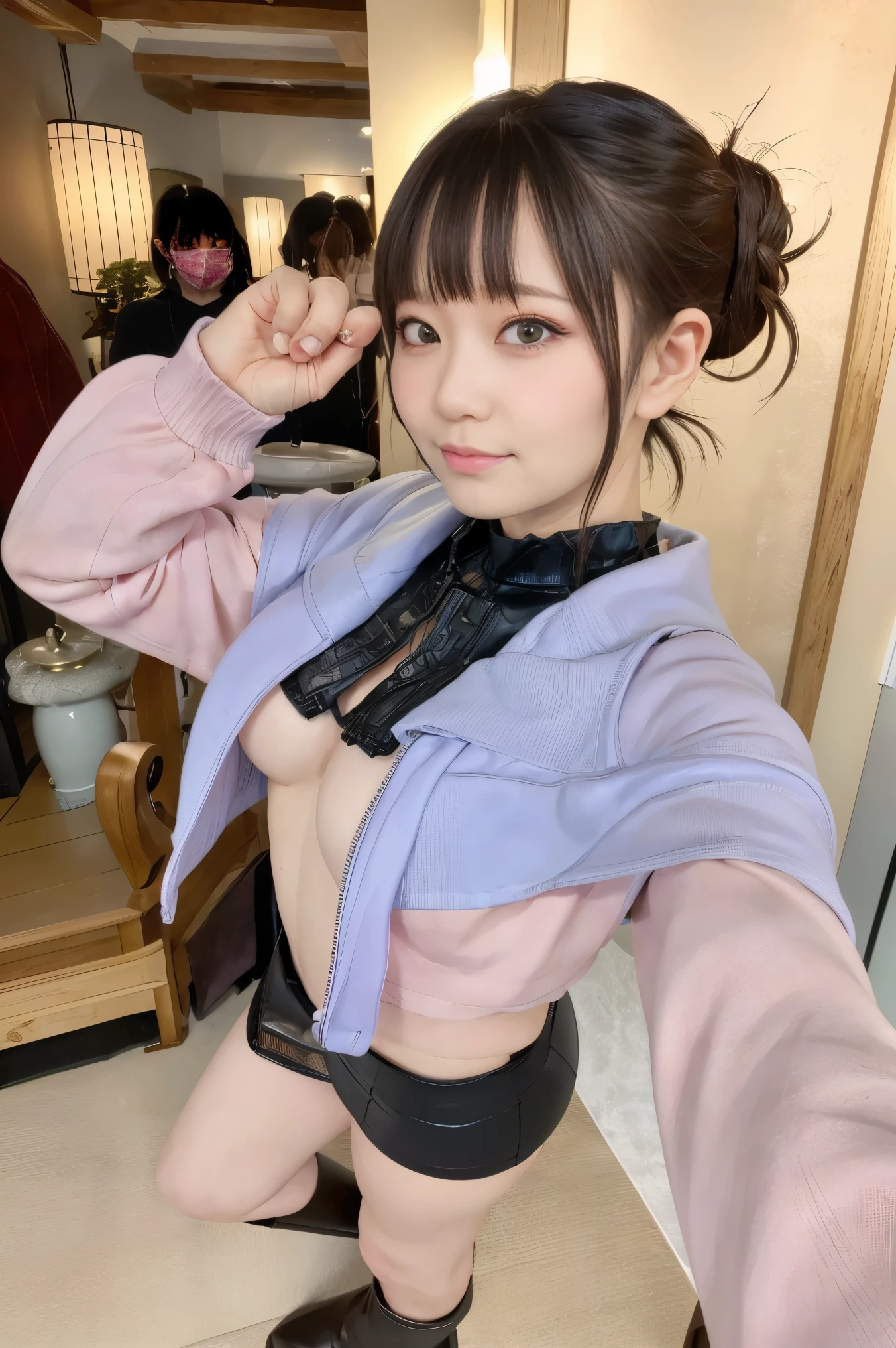 （Slouched、Kamimei、Valley)、1girl in、Beautiful woman with accentuated slim abs:1.3、(Colossal tits:1.2)、Casual clothing:1.2、inside in room、Western-style room、Soft breasts、Exposed cleavage、Fancy bra in black、8K、Raw photo、​masterpiece、absurderes、top-quality、Best Illustration、hight resolution:1.1、The ultra-detailliert、portlate、hyper realisitic:1.4、foco nítido:1.4、realisitic、Photorealsitic:1.3、Cinema Lights、Film grain、masutepiece、a closeup、full body Esbian、depth of fields、eyes focus、looking at viewert、Beautiful detailed eyes、年轻、85mmレンズ、F/1.4、professionally lit、portlate、Photon mapping、Radio City、physically-based renderingt、Transparency、Glossy skin、Soft light、Lifelike face、Realistic body、real looking skin、pale skin、well-styled、japanes、heart-shaped lip、eye shadow、Pink blush、makeups、camel's toe、long legged、pureerosface_v1:0.8、Floating hair、Unkempt hair、NovaFrogStyle、egyosar:1、Puffy eyes、Purple Eye、with round face、bangss、bokeh dof:1.2、dynamicposes、(Hairstyles tailored to Japan trends in 2023、cute little:1.5、a blond、a short bob、bangss、Mouth closed、A sly smile:0.2、Relaxing Pose)