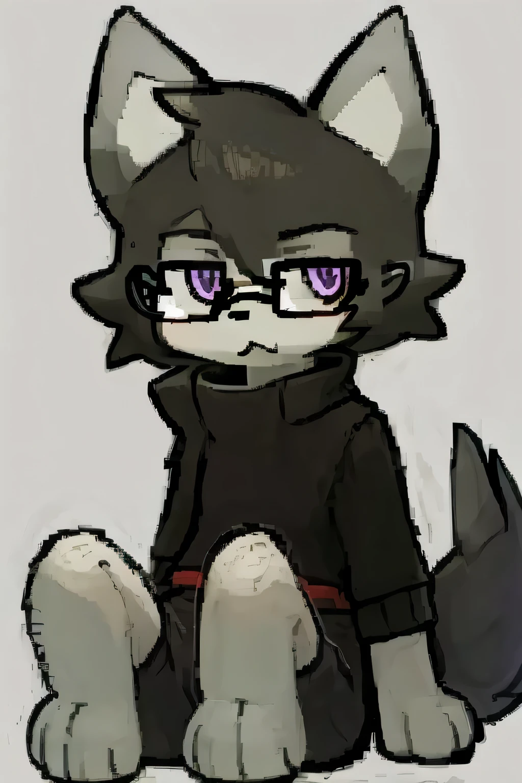best quality,hairy,superfine fur,purple eyes,alone,male,全身hairy,fluffy fur,black hair,White paws,gray fur,gray ears,black glasses,Haio,red striped,sweeping bangs,boring,direction,shadow,Mouse ears,black eye shadow,medium hair,hairy雄性,anime style,charming,Black sweatshirt