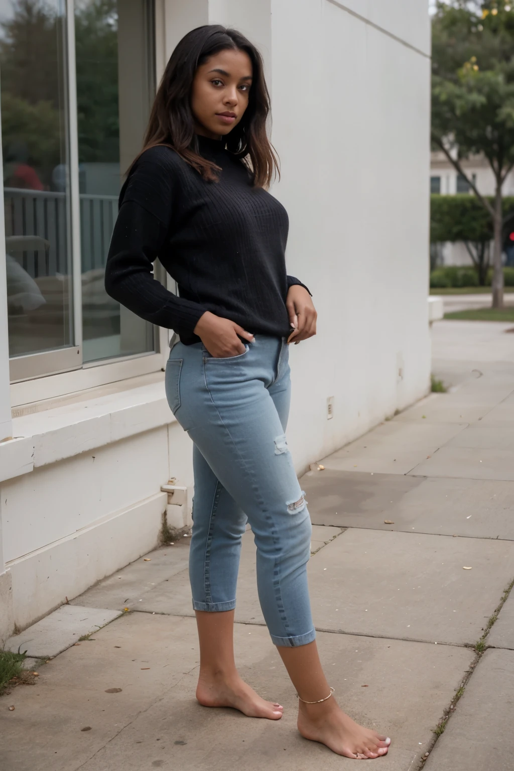 Curvy, Darkskin, black, hispanic, woman, standing barefoot, in public, muscular feet, wearing anklets, wearing a sweater, jeans, goes barefoot everywhere, 4k, high quality