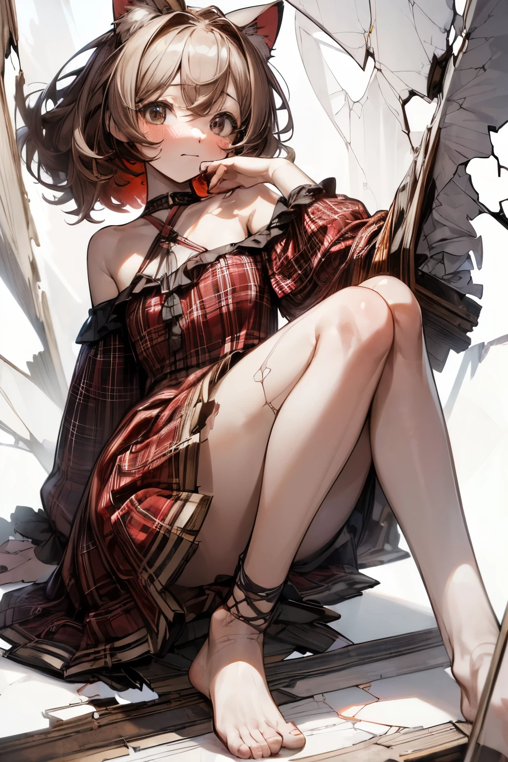 ((Masterpiece)), ((best quality)), (Professional Photography:1.2), (Cracked white Background:1.9), (()), cinematic lighting, very messy hair, (red Plaid dress), (Off-Shoulder dress), (hoop dress), Stooping posture, Slender body, small breast, (shy and blush), barefoot, Textured skin, cat ears, pale brown hair, Cute Beautiful girl, ((Vibrant Pose)),