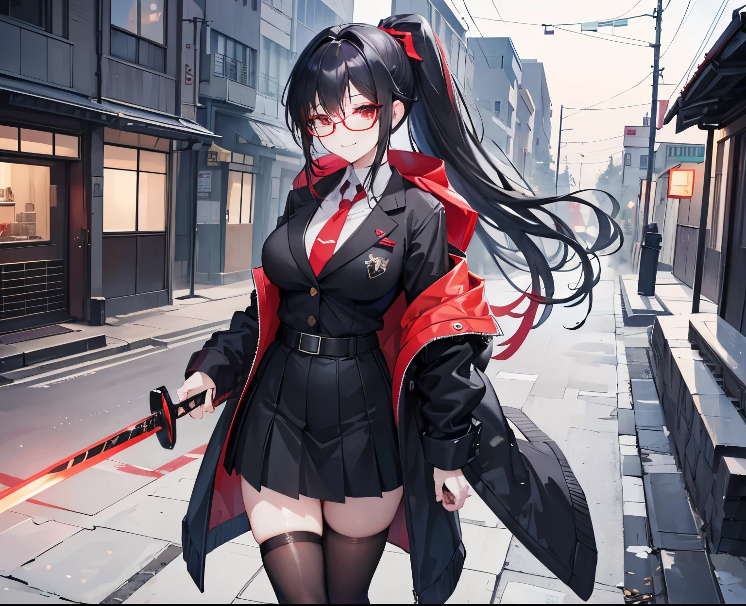 high quality, be familiar with, High resolution, 4K, 8K, perfection_anatomy, Super detailed, anime girl long black hair, seductive anime girl, beautiful and attractive anime woman, anime style, Beautiful charming anime , Smooth anime CG art, attractive anime girl, (anime girl), anime moe art style,1 girl, Fighting girls, full body portrait, warrior, (red eyes,black hair, ponytail below, red under rim_Girl with glasses, Glasses Girl), smiling girl, girl in a coat, girl in school uniform, big breasts, big ass, big hips, 17 year old girl, A girl wearing regular school uniform and a coat, wearing glasses and carrying a Japanese sword on her back., midnight, In town, Urban Ministry, blizzard, blizzard, street lamp light, Modern Japan,