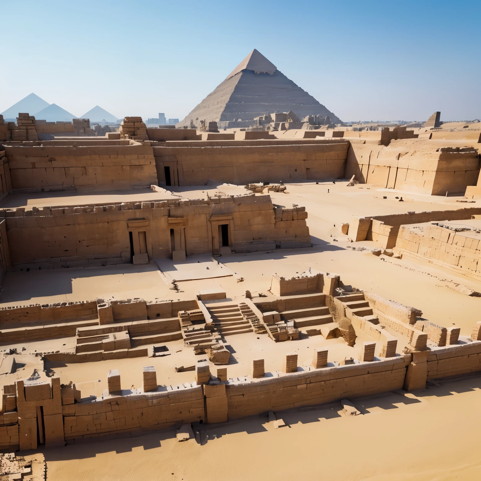 pharaoh builds pyramids，There are a large number of temples and huge stone statues in the distance