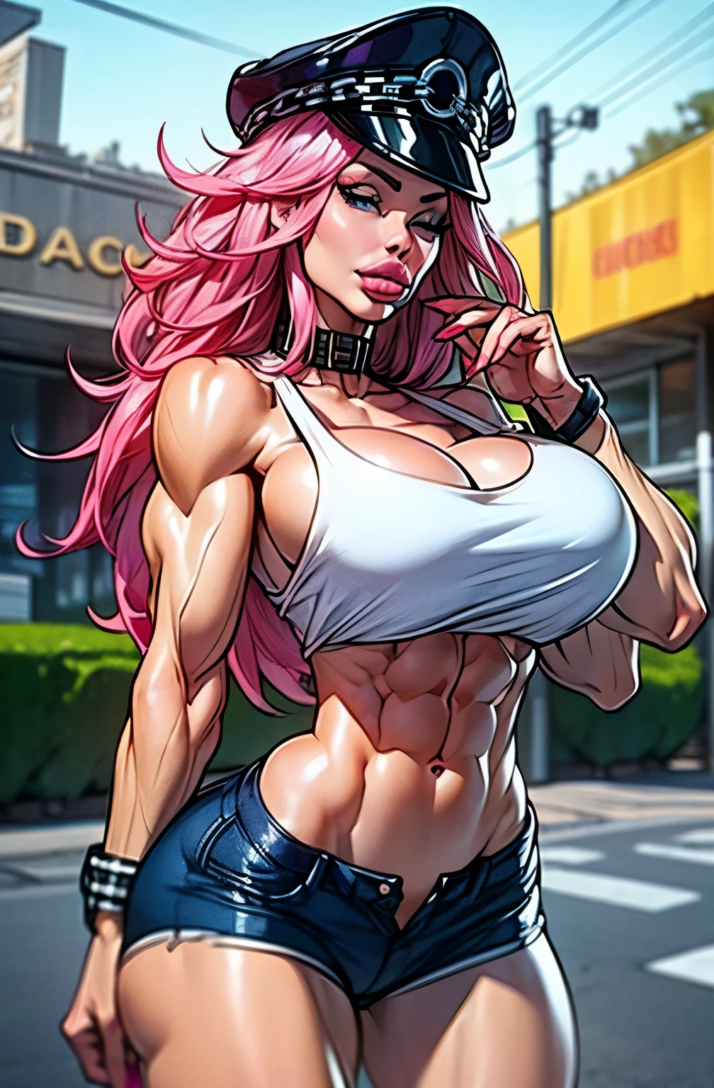 (BEST lighting) , (ultra intricately detailed) , 4K unification, (super-detailed CG: 1.2) , (8K: 1.2),(Original), ((poison)), (Aletta ocean face), street fighter character, ((pink hair)), (police officer cap), (Masterpiece) , (jean shorts), (white tank top), (Best quality),(Masterpiece:1.4),Anime-ish high quality,(Masterpiece),(gigantic breasts), Masterpiece, Super clear picture quality，Clearer than movies,（Fine face）Best quality, absurderes,((masterpeace, 4K, 8K, Yes, A high resolution))1girll, bikini model，Ten-pack abs，Ten-pack abs，Ten-pack abs，Ten-pack abs，Ten-pack abs，Ten-pack abs，Ten-pack abs