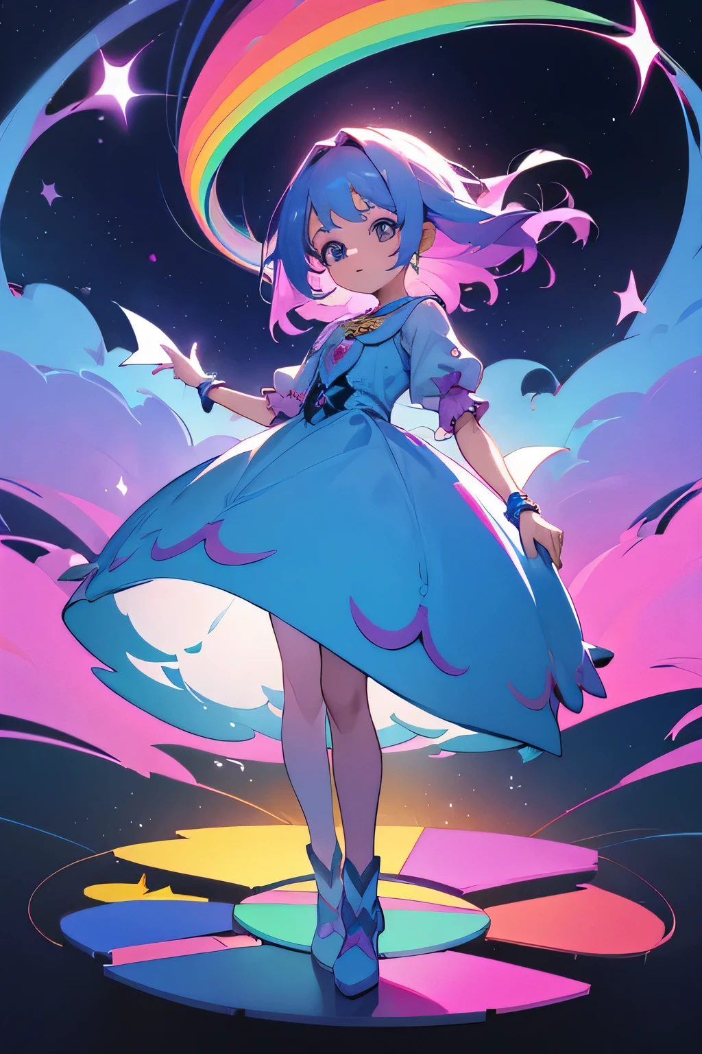 in dreamland with beautiful colors and magical and girl has standing pose and shocked