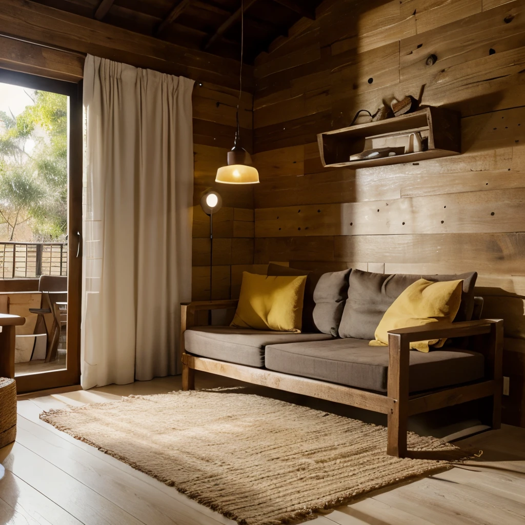 rustic room, madera, ilumonada por luces amarillas, con cama grande de madera elegante, sabanas con muchos detalles, gran size, sillon de piel, comodo y mesa de Centro