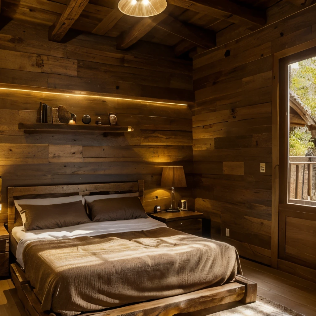 rustic room, madera, ilumonada por luces amarillas, con cama grande de madera elegante, sabanas con muchos detalles, gran size, sillon de piel, comodo y mesa de Centro