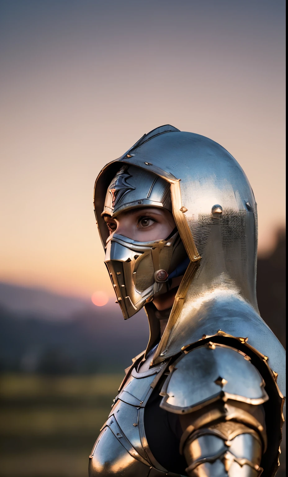 (obra de arte), (extremamente complexo:1.3), (realista), retrato de uma , o mais bonito do mundo, (armadura medieval), metallic reflections, tronco, ao ar livre, luz solar intensa, castelo distante, fotografia profissional de uma mulher deslumbrante detalhada, sharp focus, dramatic, premiado, cinematic lighting, Octane render Unreal Engine, volumetric dtx, (Film grain, fundo desfocado, blurry foreground, Bokeh, profundidade de campo, sunset, desfoque de movimento:1.3), cota de malha