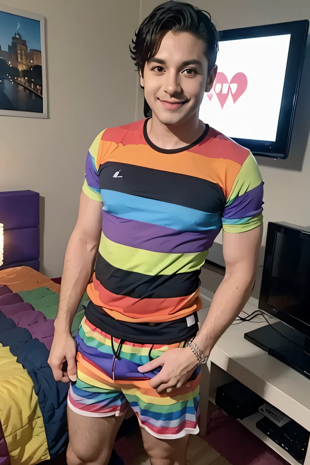 funny man, FUNNY gay appearance, usando roupas e acessorios LGBT. the setting is your room WITH TV
