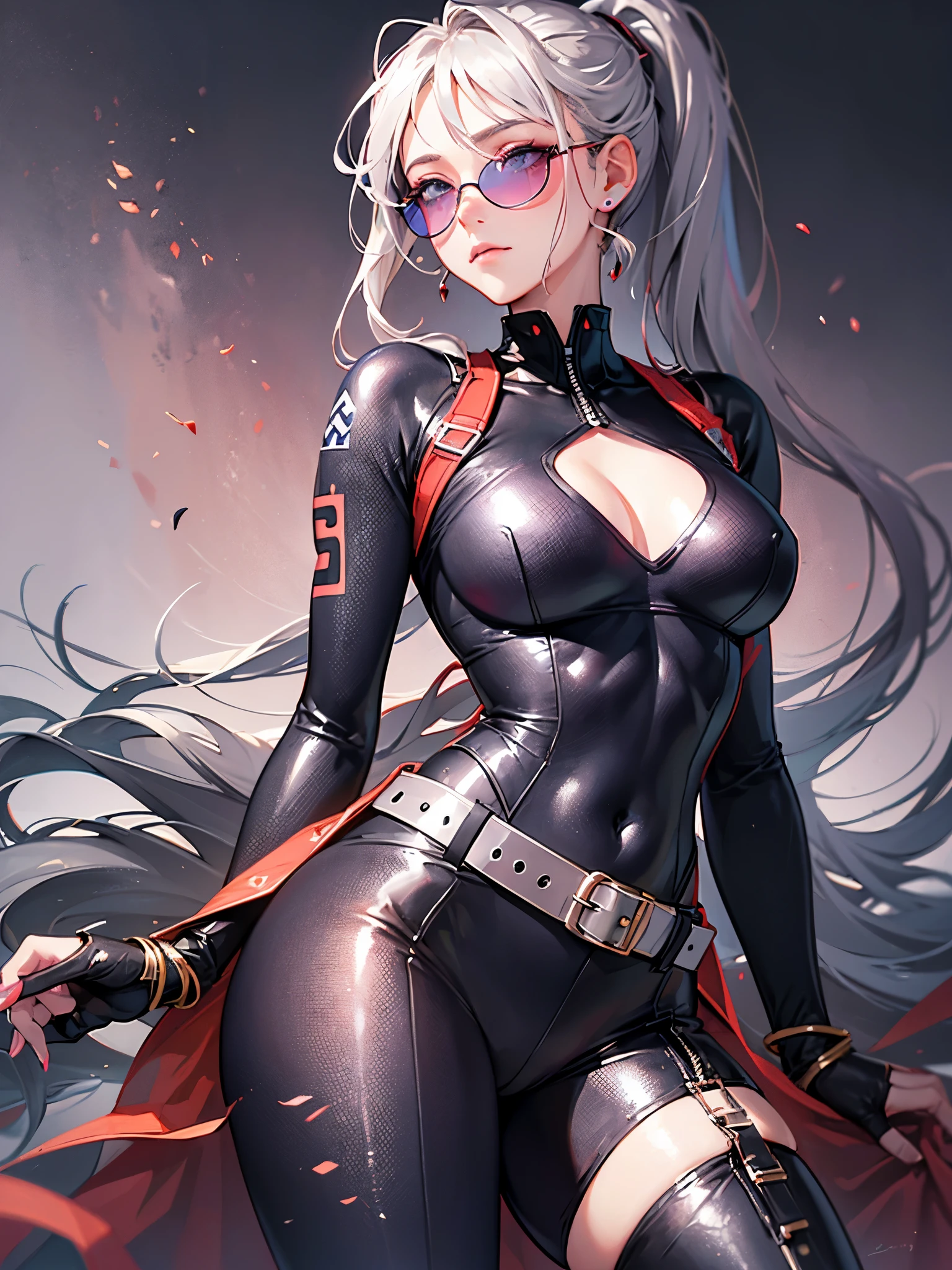 ((highest quality)),(ultra high resolution),(Super detailed),(detailed description),((best CG)),(best work of art),super precision art,great drawing art,(Works with precise details:1.5), (1 woman:1.6),(beautiful and well-shaped face:1.5),(Detailed ponytail:1.6),(belt bodysuit that tightens the body:1.5),stiletto boots:1.4,(sunglasses:1.5),(Seven colored eyes staring at you:1.4),(Calm atmosphere:1.7),