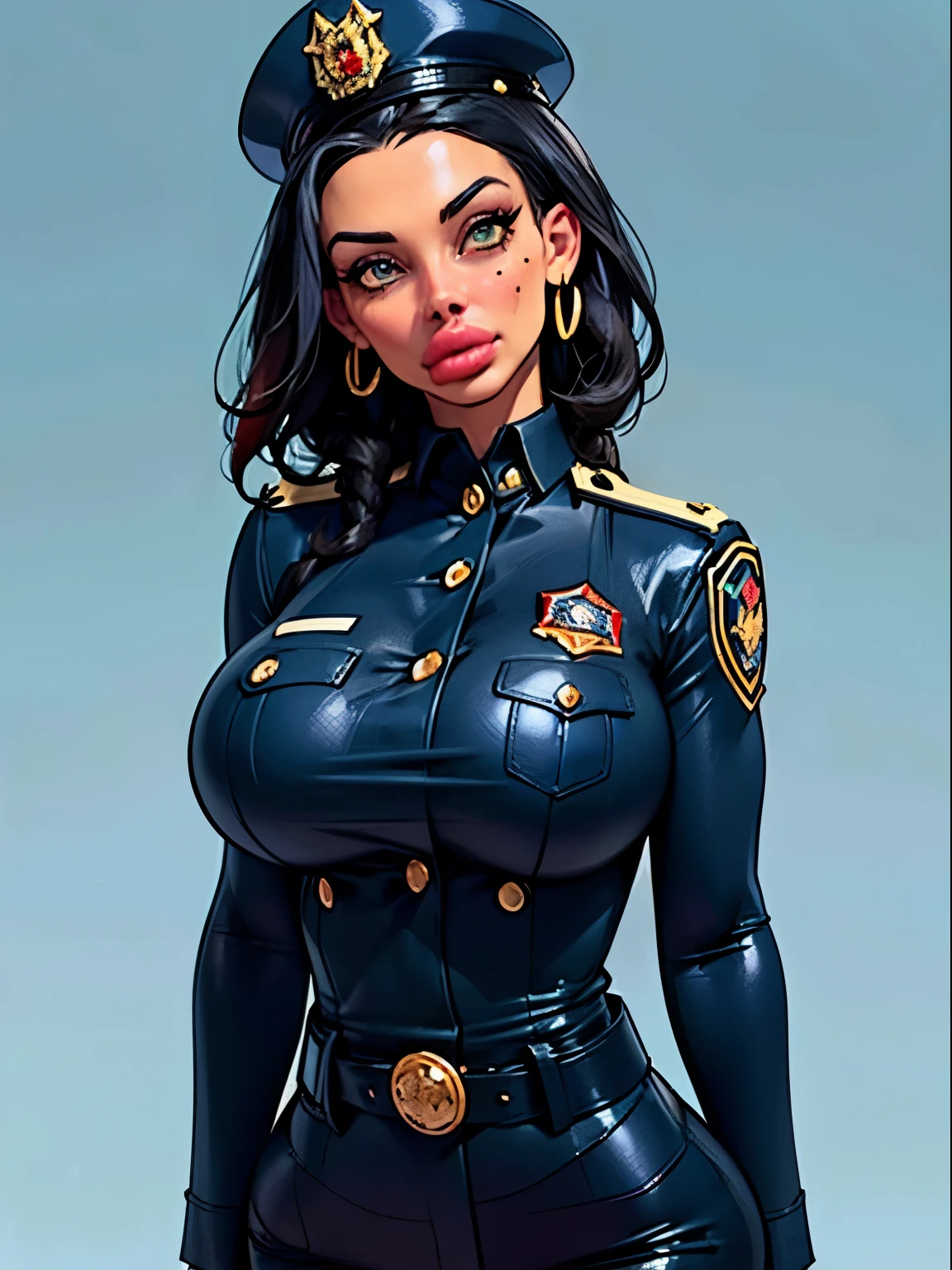 simple blue background (in women's police uniform and police cap: 1.4), good hand, 4k, high resolution, masterpiece, ((red uniform)), best quality, head: 1.3, ((Hasselblad photo)), finely detailed skin, ((buttoned up uniform)), clear focus, (cinematic lighting), (black cap), ((red police uniform)), soft lighting, dynamic angle, [:(detailed face: 1.2):0.2], belly gaze, huge breasts, breasts, (((inside the mansion))), 1girl, jewelry, earrings, orange_sky, solo, mole, long_curly_hair,   mole_under_eye, upper_body, green_eyes, looking_at_viewer, black hair, fashion (head tilt: 1.4), plain background, blue background,