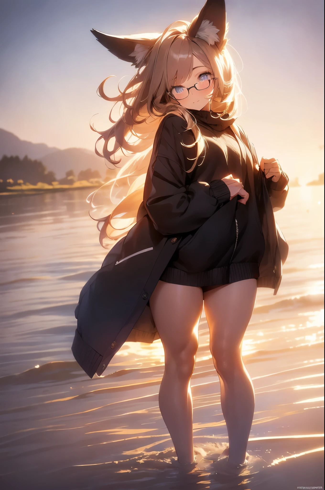 hourglass figure, xxmix_girl, fullbody, full body, a woman takes a fisheye on a mountain at morning, the wind blowing through her messy long blonde hair. The sea stretches out behind her, creating a stunning aesthetic and atmosphere with a rating of 1.2., xxmix girl woman, fox ears, brown airservice jacket, asian american, purple eyes, cool pose, with toned muscular abs, glasses on her face, fox tail coming from behind her, muscular, modelshoot style, xjrex, serious, long legs, legs, full-body_, full-body_portrait, full-length_portrait, full, bikini, barefoot, mature girl, adult, hands on pocket, ((glasses)), long legs, skinny, skinny legs, 1 girl, sexy, (full body), (fox ears), (fox tail),
