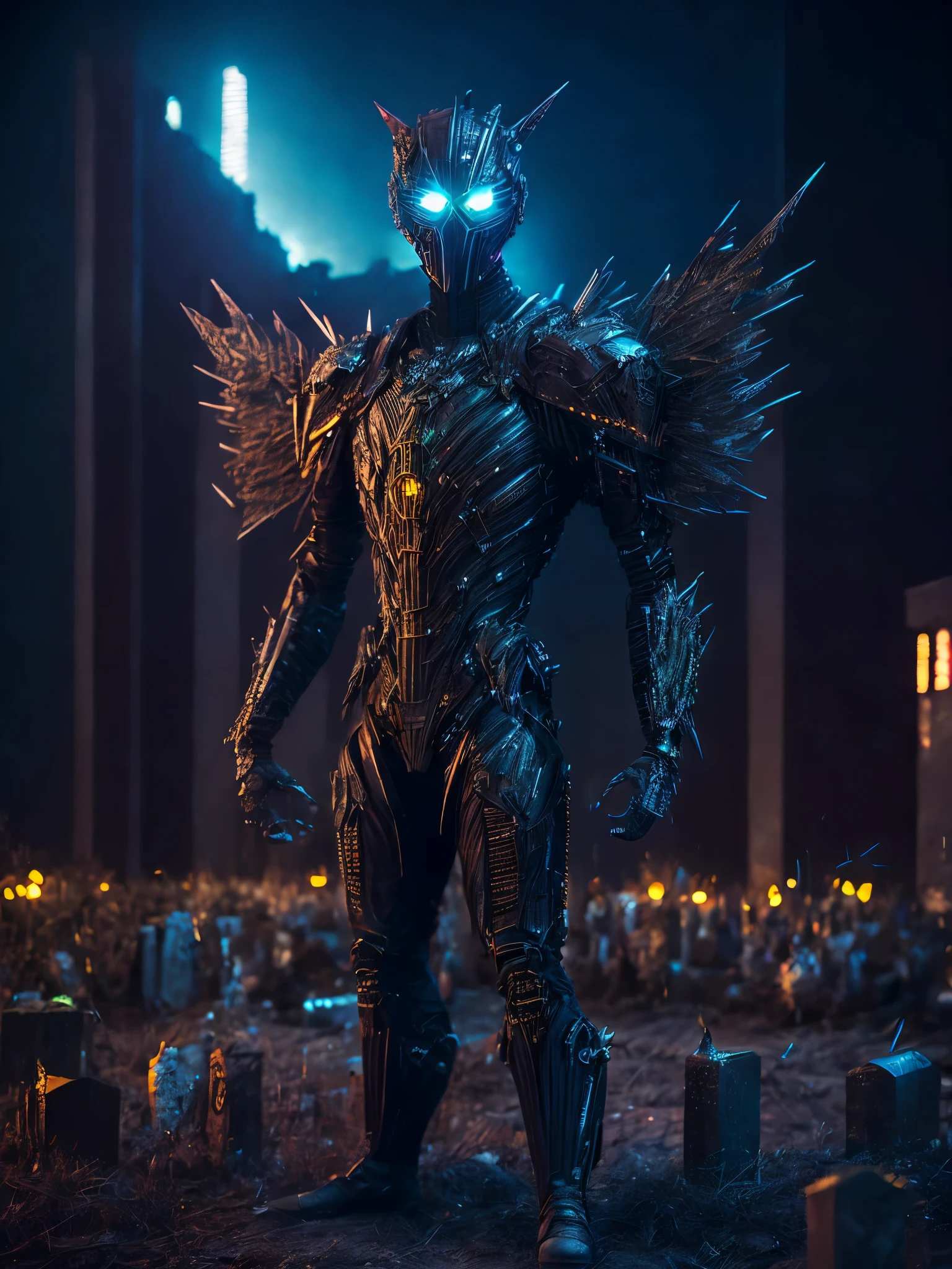 Full body Grim portrait of the Marvel scarecrow made of metal with intricate angular cybernetic implants inside a brutalist building, gothic brutalist graveyard, cyberpunk, Foto premiada, Bokeh, Neon lights, cybernetic, fireworks in the background.