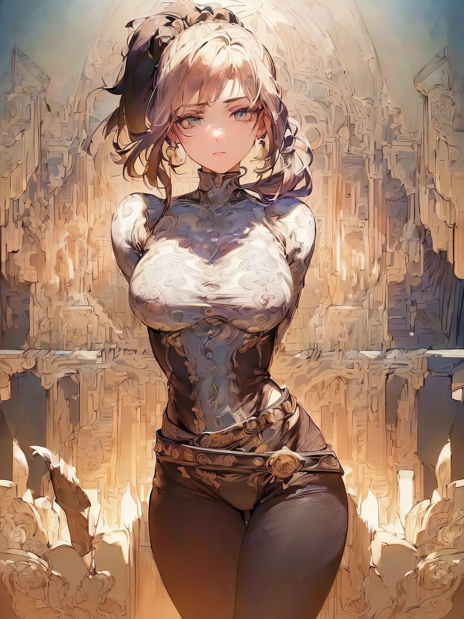 ((highest quality)),(ultra high resolution),(Super detailed),(detailed description),((best CG)),(best work of art),super precision art,great drawing art,(Works with precise details:1.5), (1 woman:1.6),(beautiful and well-shaped face:1.5),(Detailed ponytail:1.6),(Colorful belt bodysuit that tightens your body:1.5),stiletto boots:1.4,,(Eyes staring at you:1.4),(Calm atmosphere:1.7), Seven colors